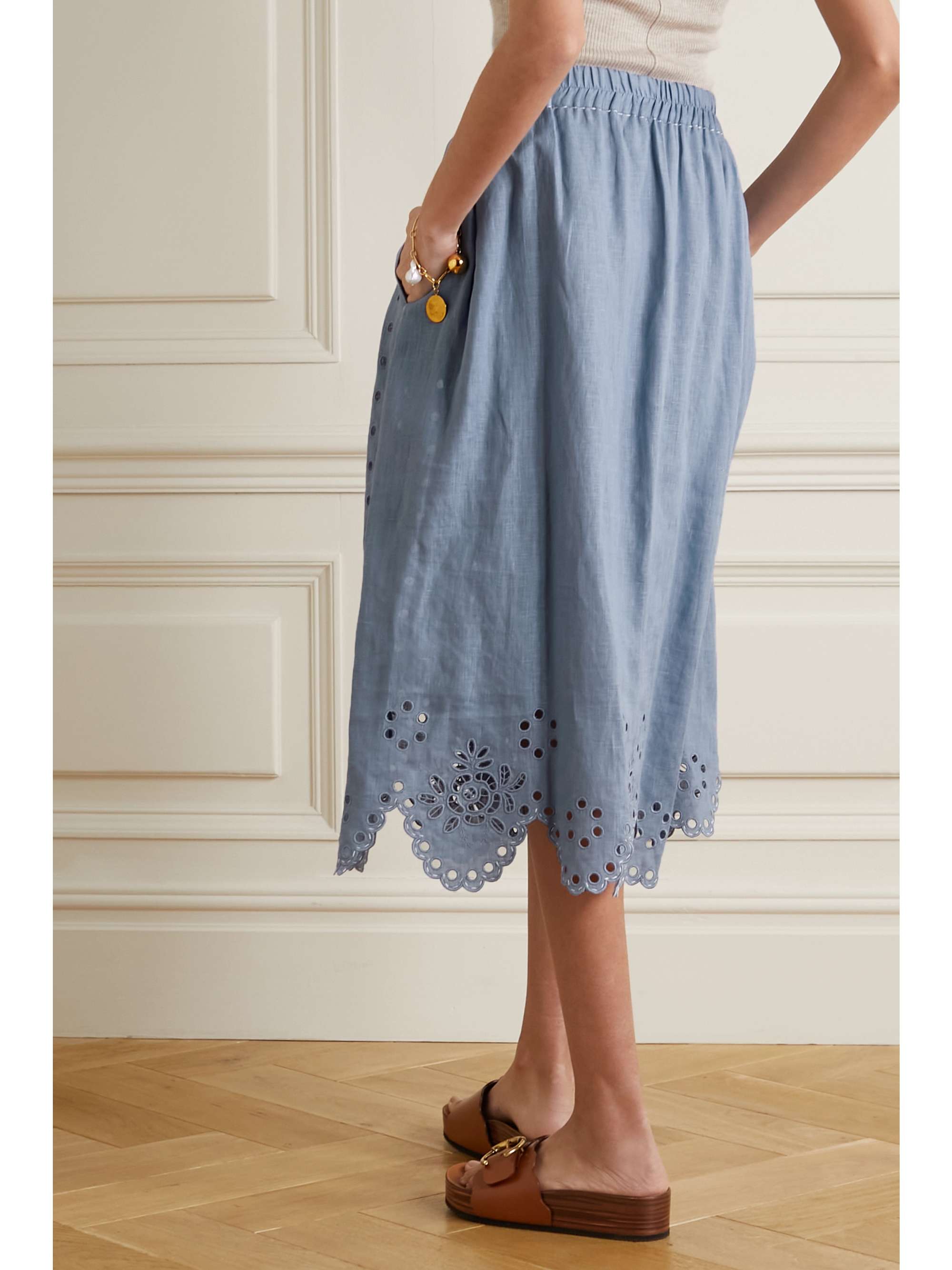 VITA KIN Colette scalloped broderie anglaise linen midi skirt