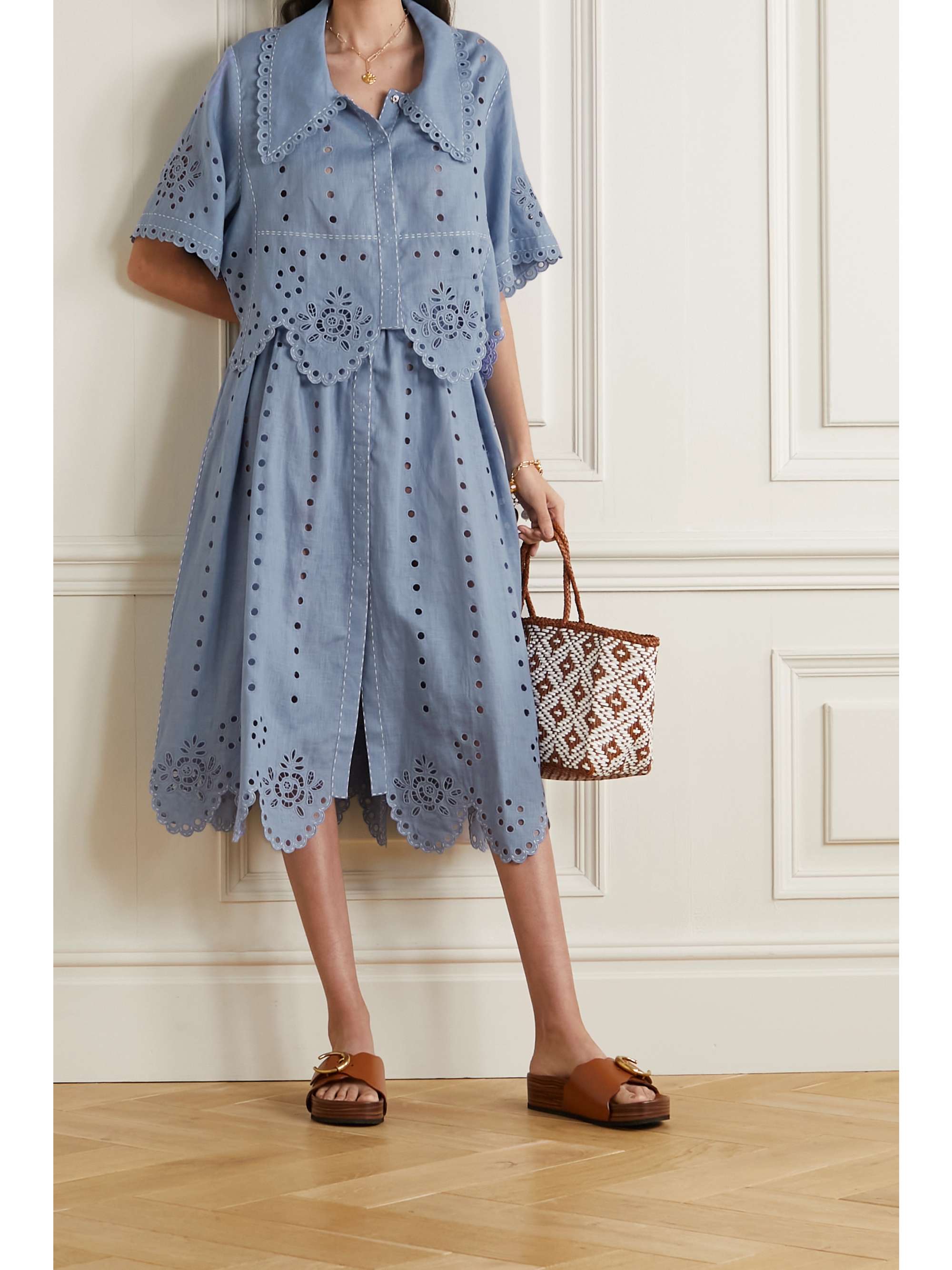 VITA KIN Colette scalloped broderie anglaise linen midi skirt