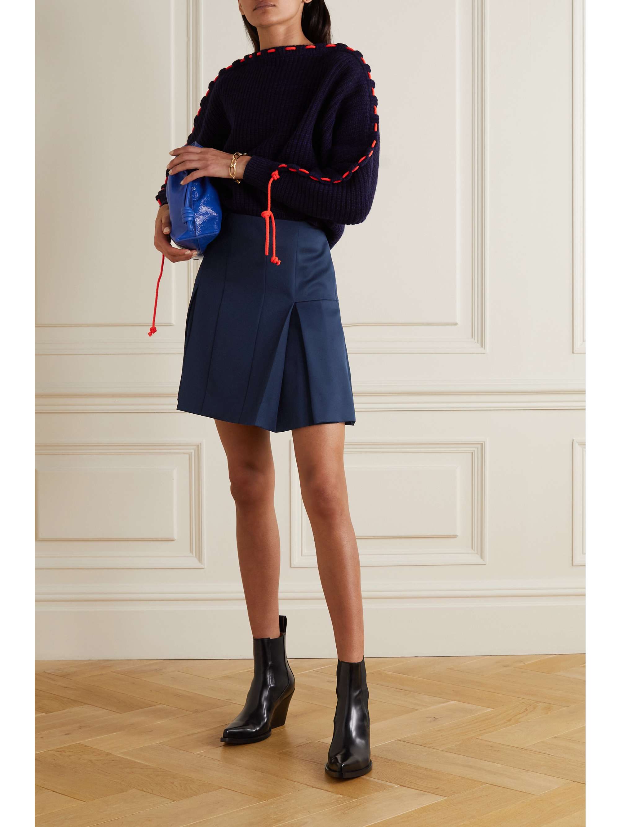 Pleated wool-gabardine mini skirt
