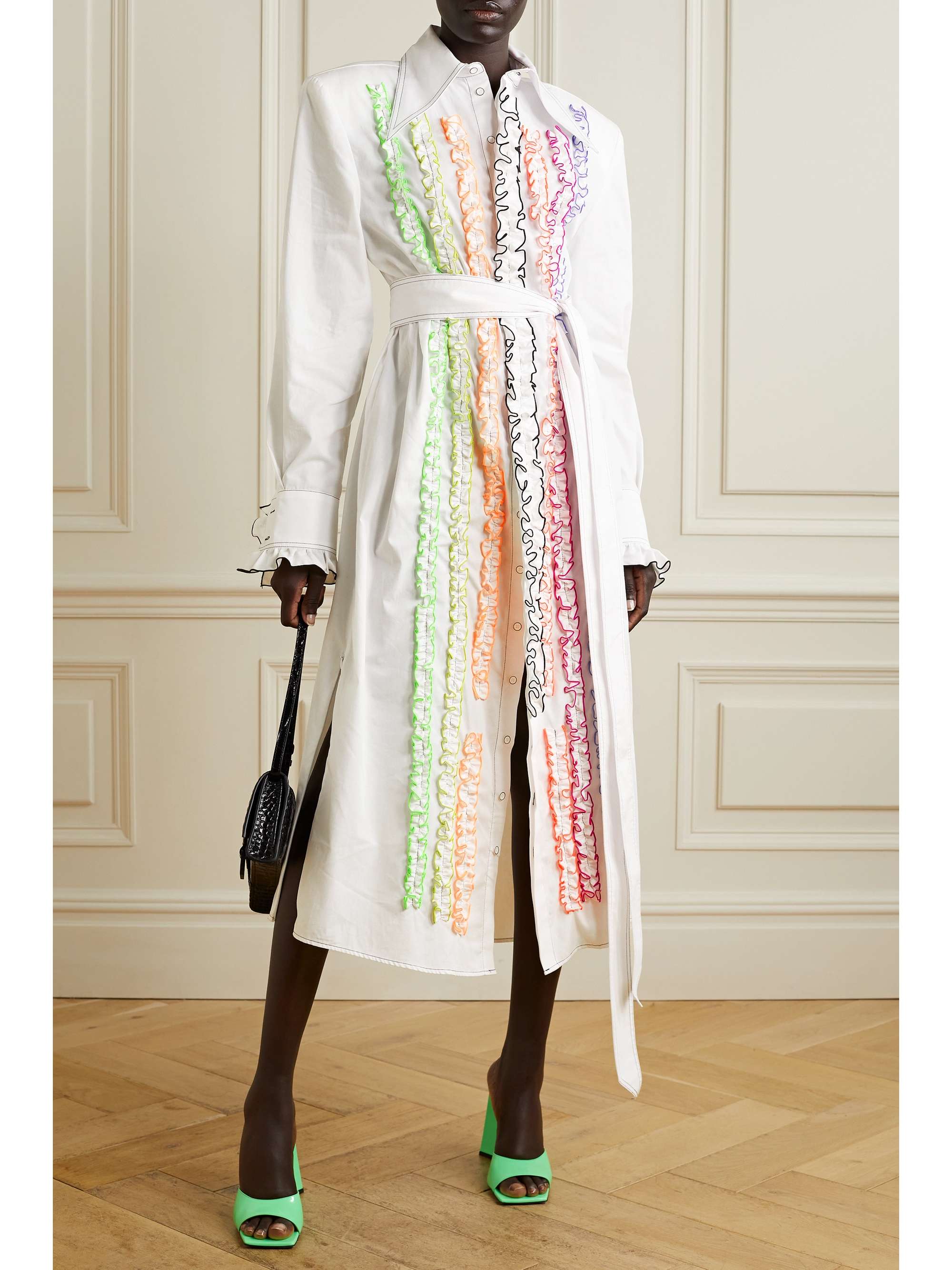 White Ruffled cotton-poplin midi shirt dress | CHRISTOPHER JOHN 