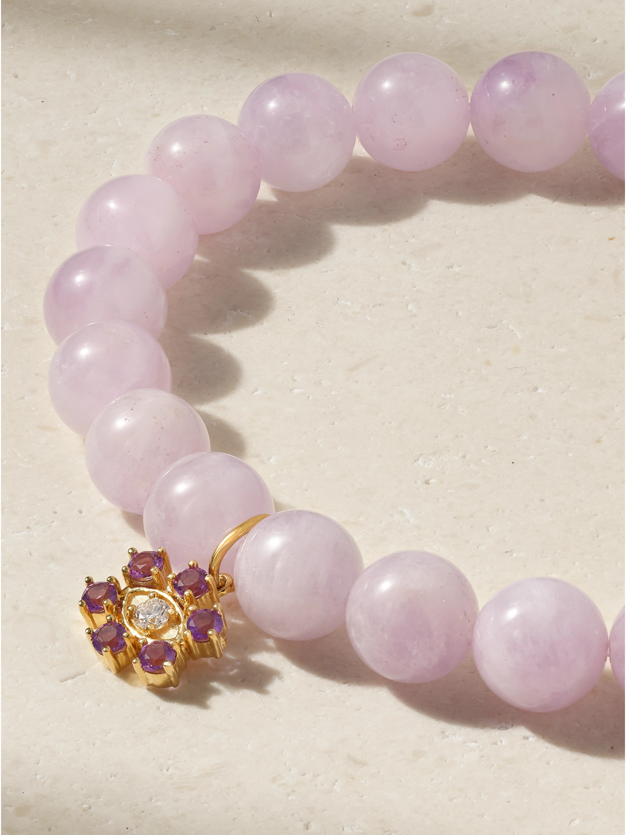 Sydney Evan Marquise Eye Prong Set Flower On Lavender Amethyst Bead Bracelet In Gold