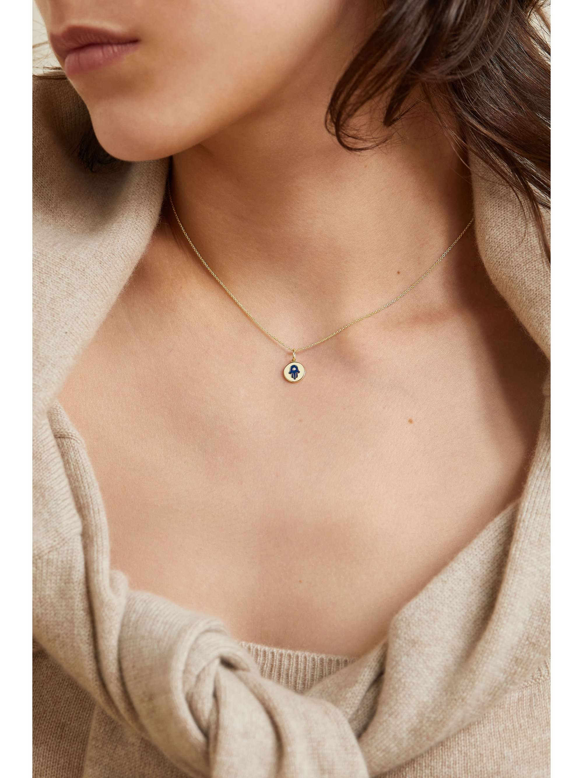 SYDNEY EVAN Tiny Hamsa 14-karat gold, enamel and diamond necklace