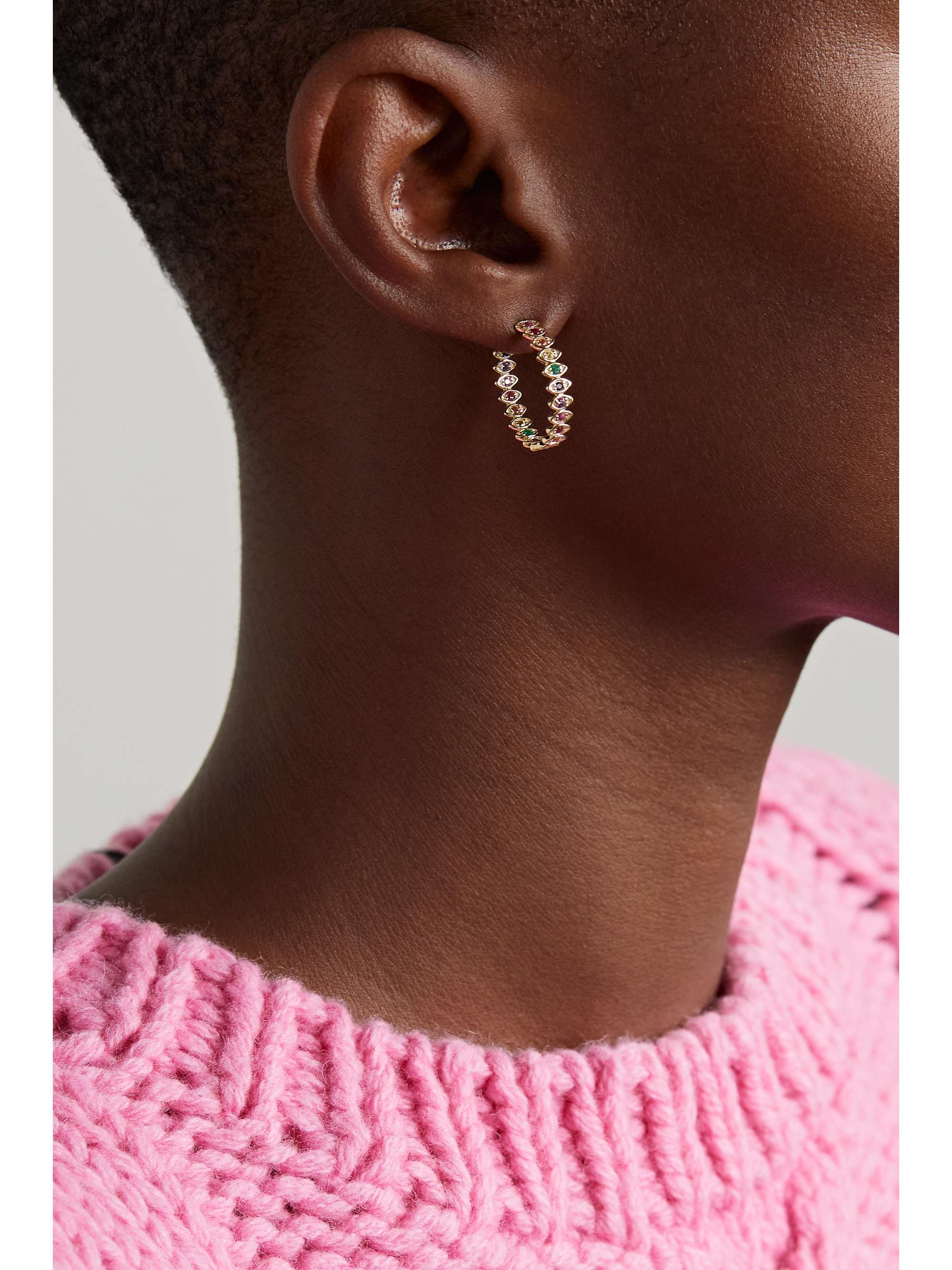 SYDNEY EVAN Medium Evil Eye 14-karat gold multi-stone hoop earrings