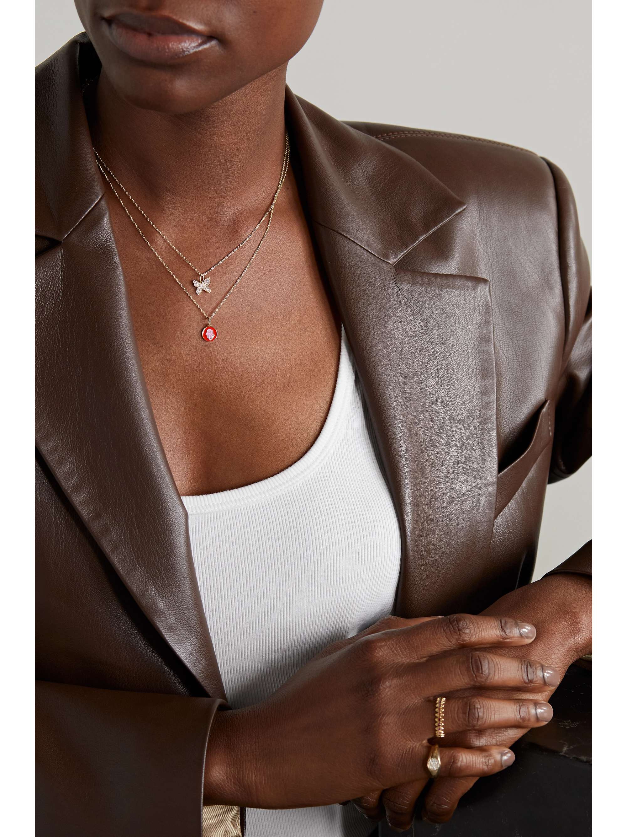 SYDNEY EVAN Tiny Hamsa 14-karat gold, enamel and diamond necklace