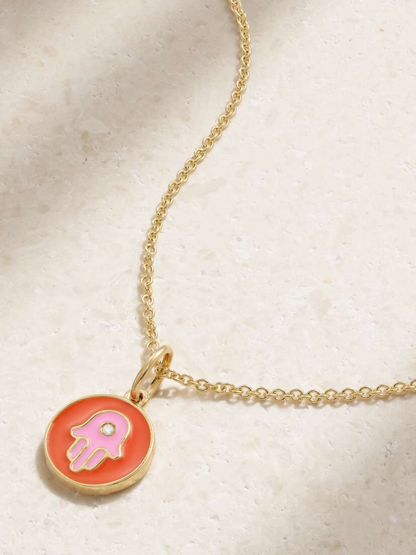 Sydney Evan Tiny Hamsa 14-karat Gold, Enamel And Diamond Necklace