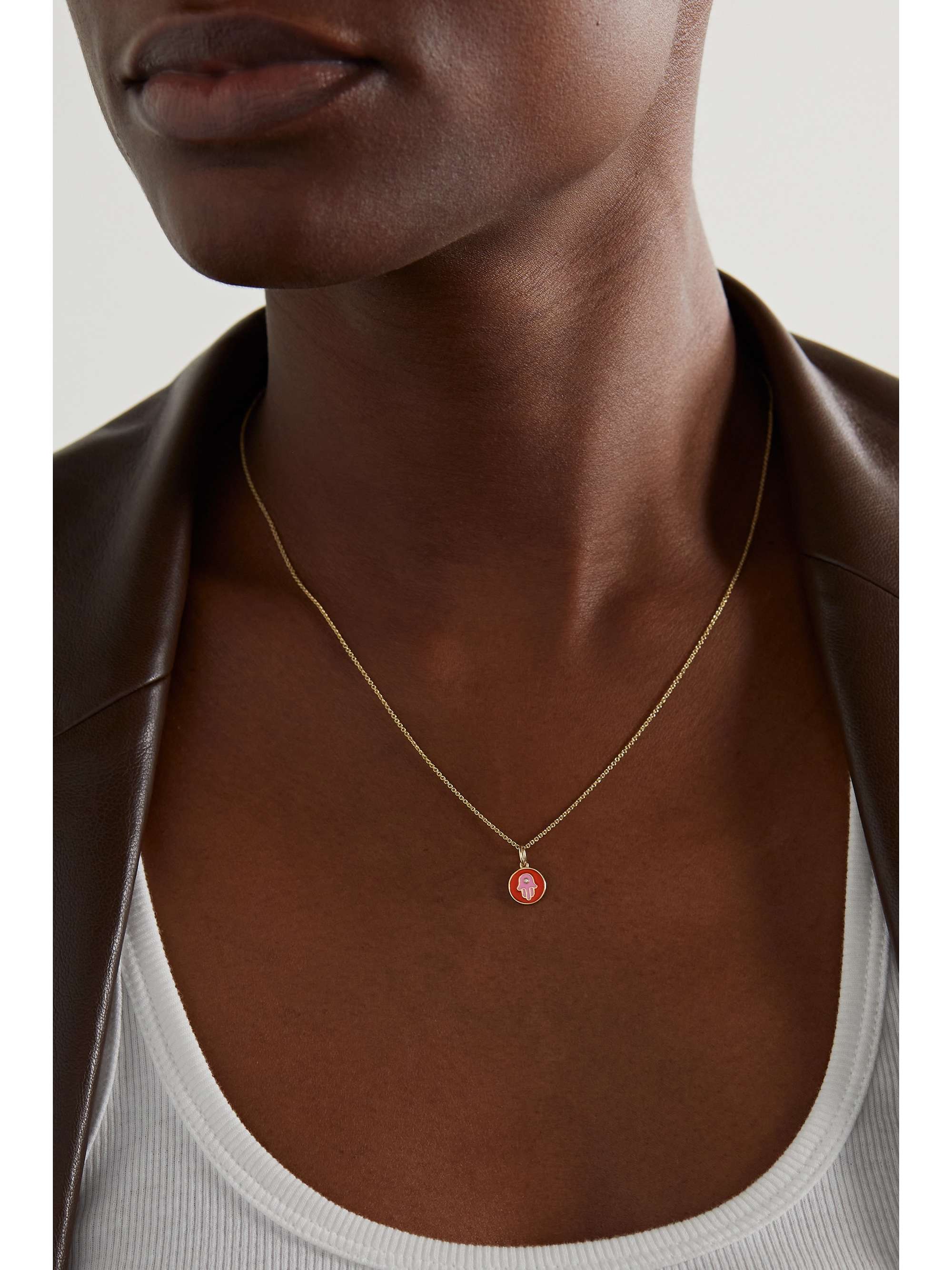 SYDNEY EVAN Tiny Hamsa 14-karat gold, enamel and diamond necklace