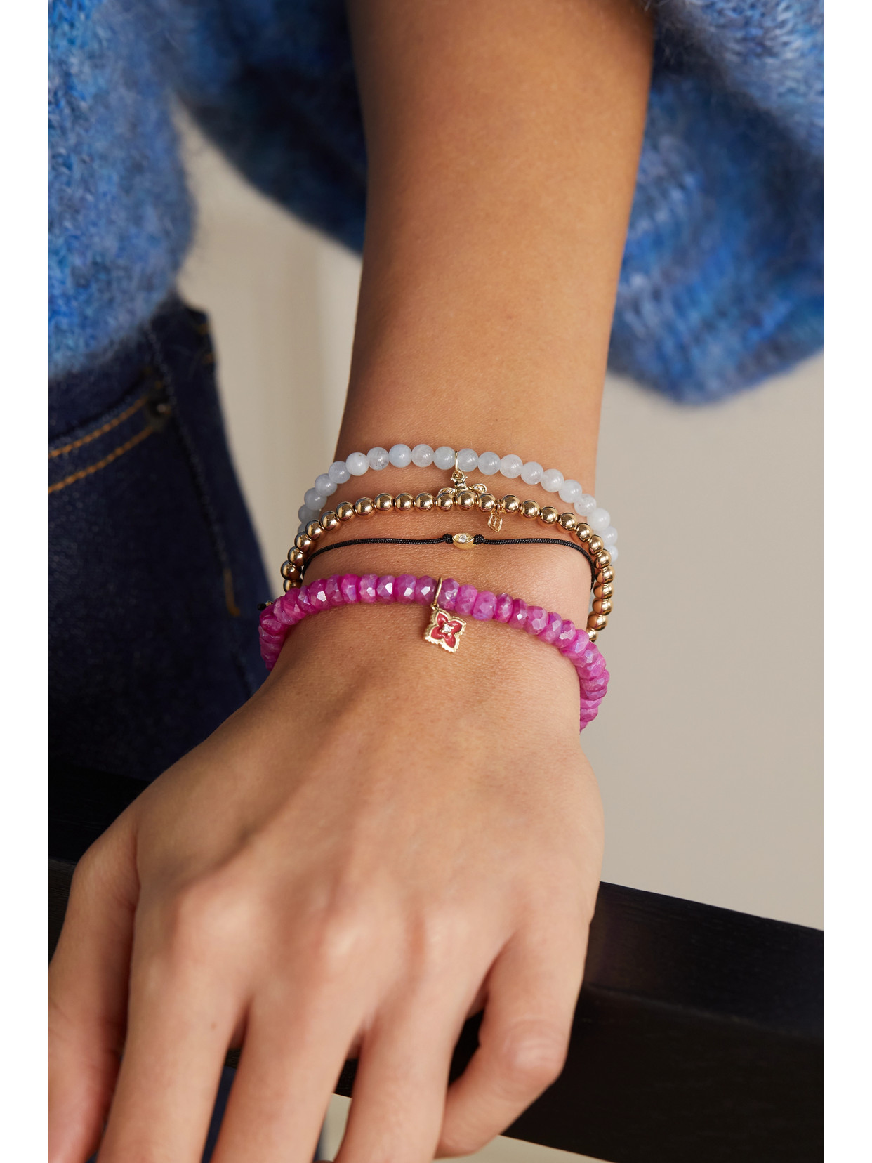 Sydney Evan Evil Eye 14-karat Gold, Cord And Diamond Bracelet In Gold