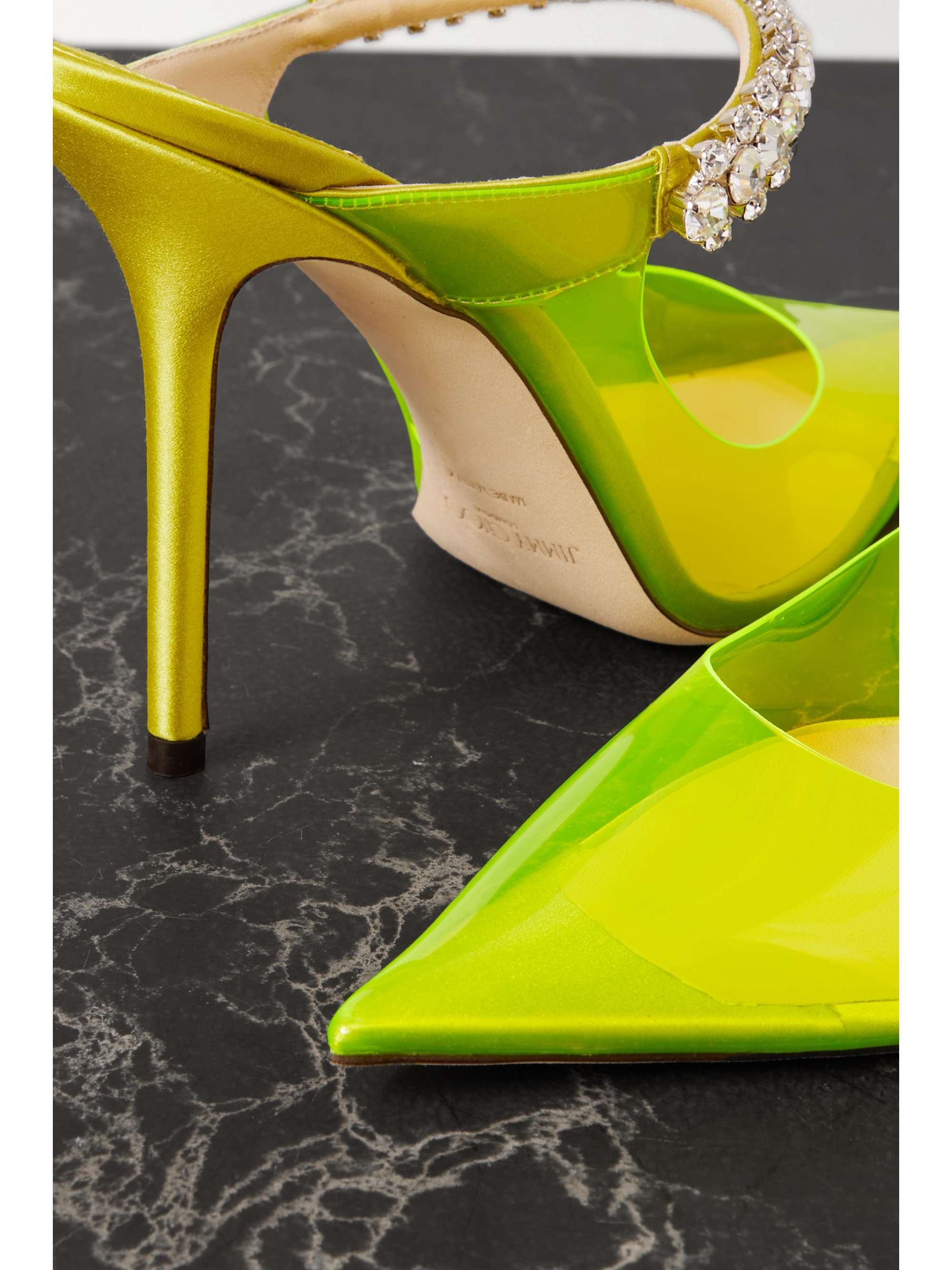 Lime green Bing 100 neon PVC and crystal-embellished satin mules