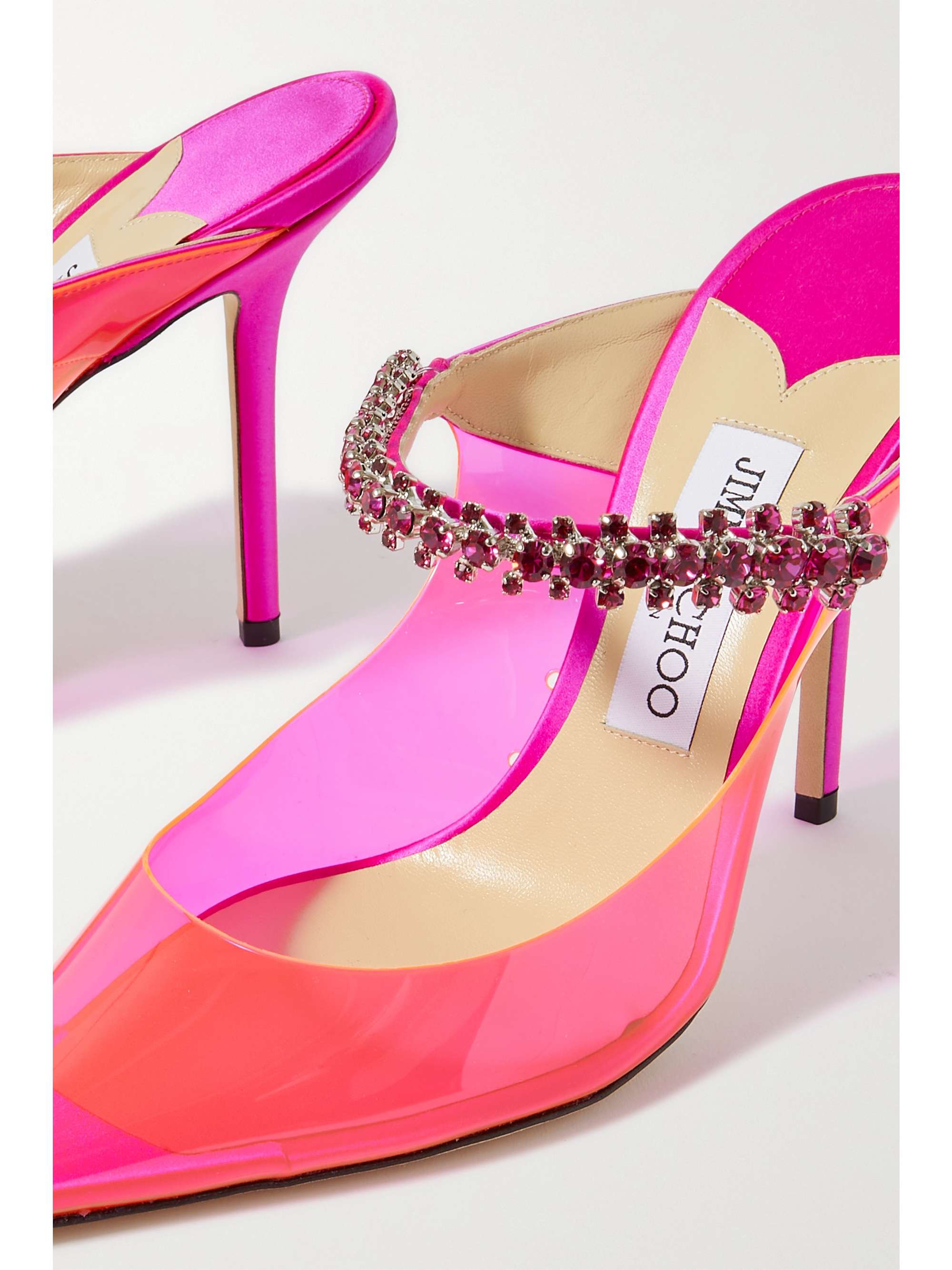 JIMMY CHOO Bing 100 neon PVC and crystal-embellished satin mules | NET ...