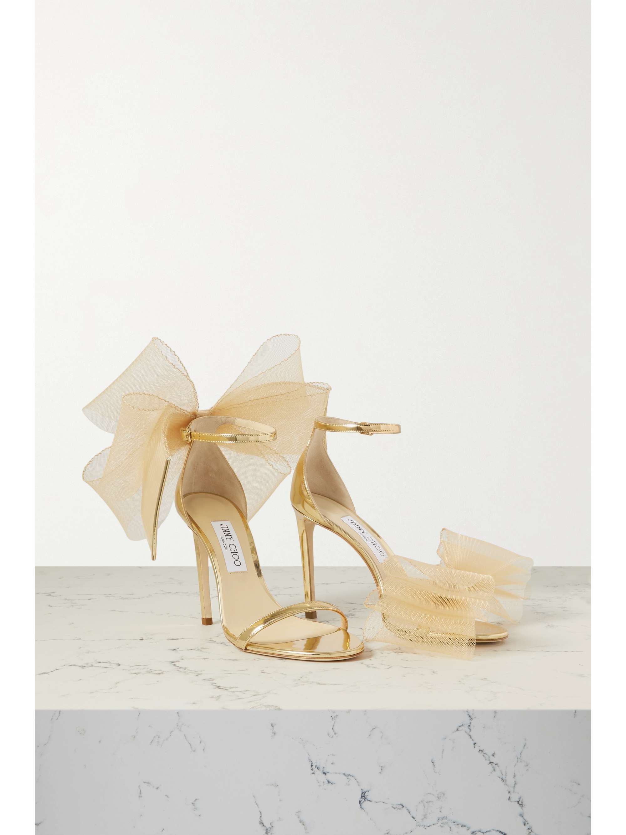 Gold Aveline 100 bow-detailed mirrored-leather sandals | JIMMY CHOO | NET-A-PORTER