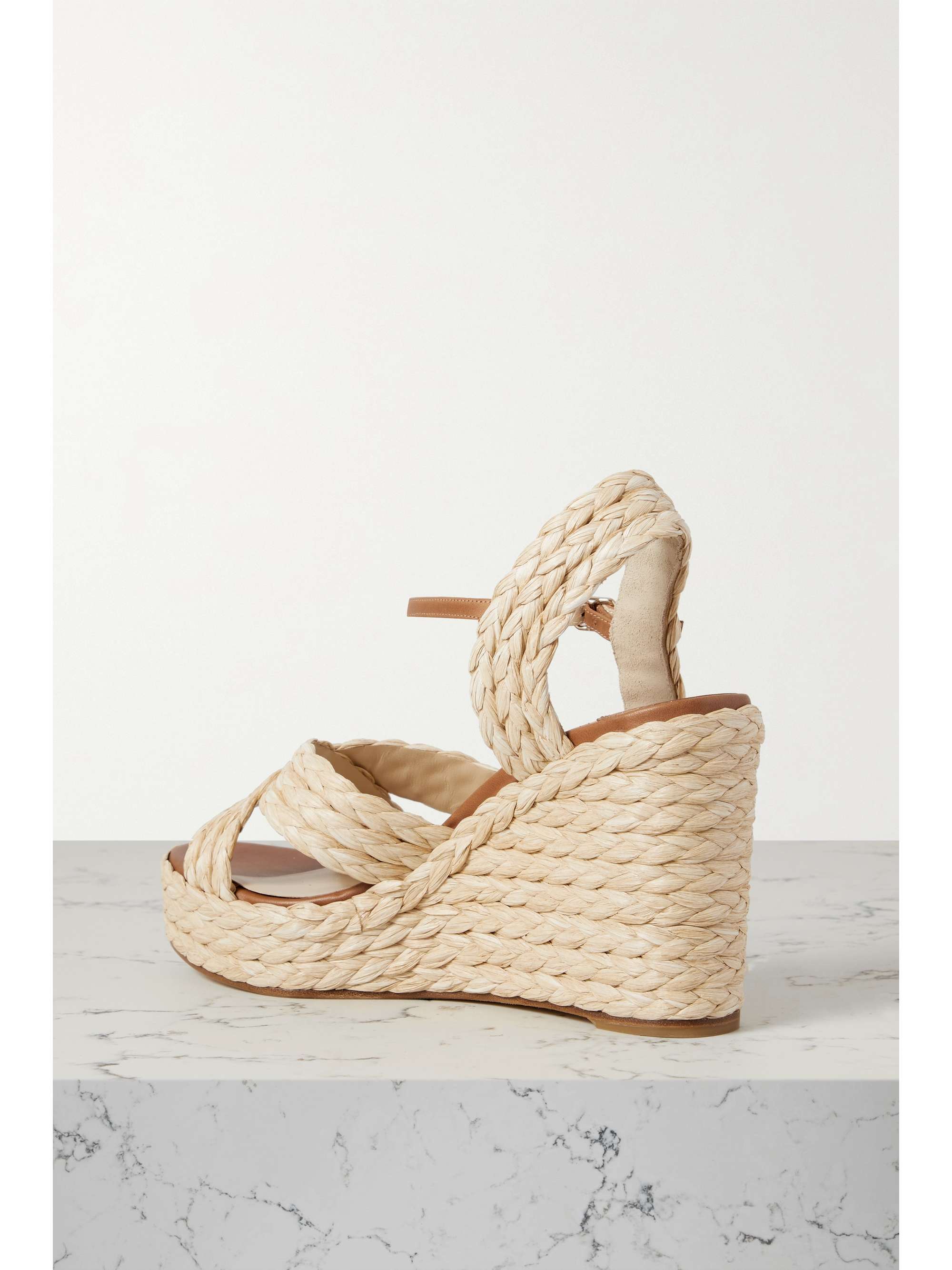 JIMMY CHOO Dellena 100 logo-appliquéd leather-trimmed woven raffia ...