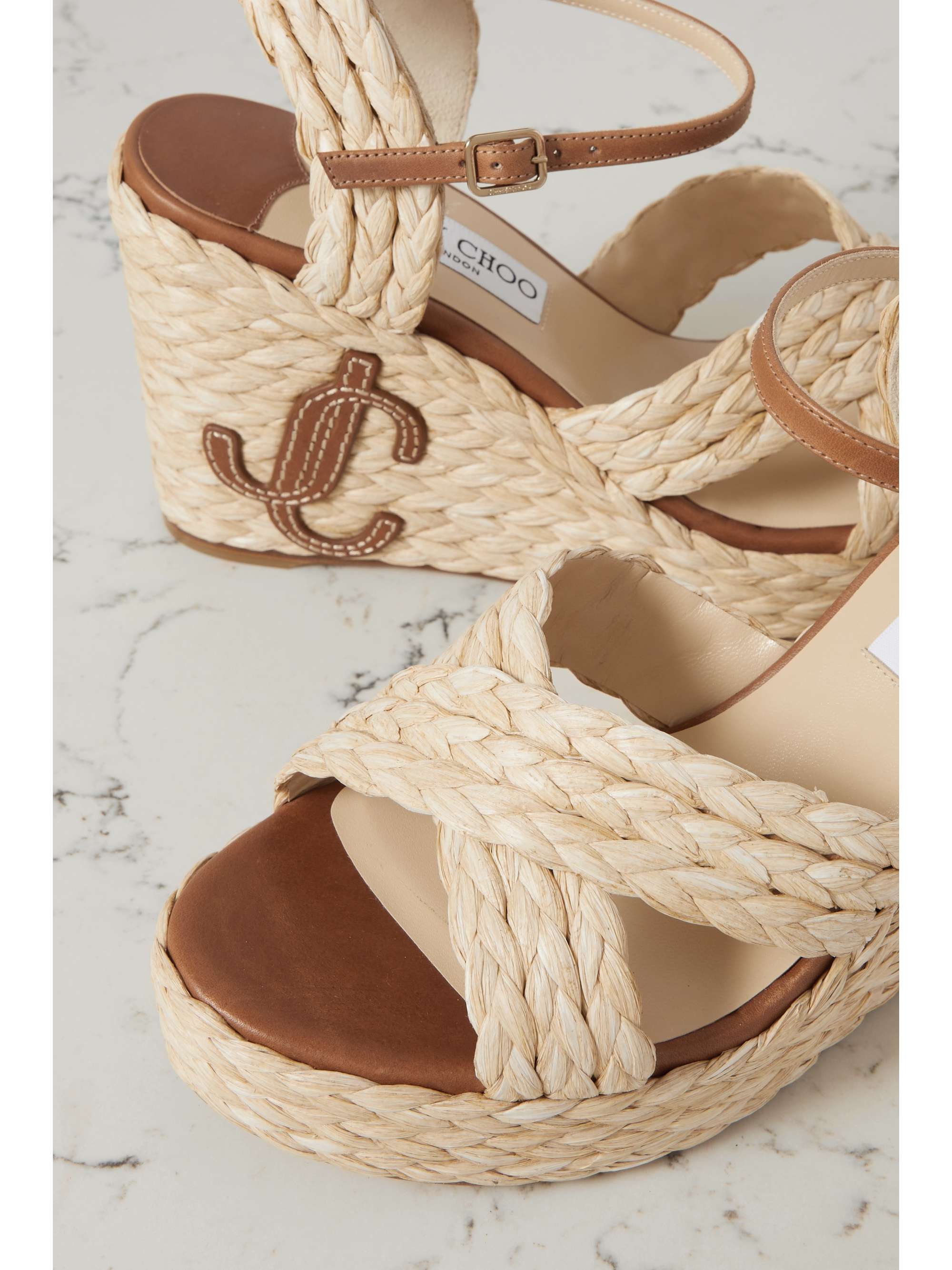 JIMMY CHOO Dellena 100 logo-appliquéd leather-trimmed woven raffia espadrille wedge sandals