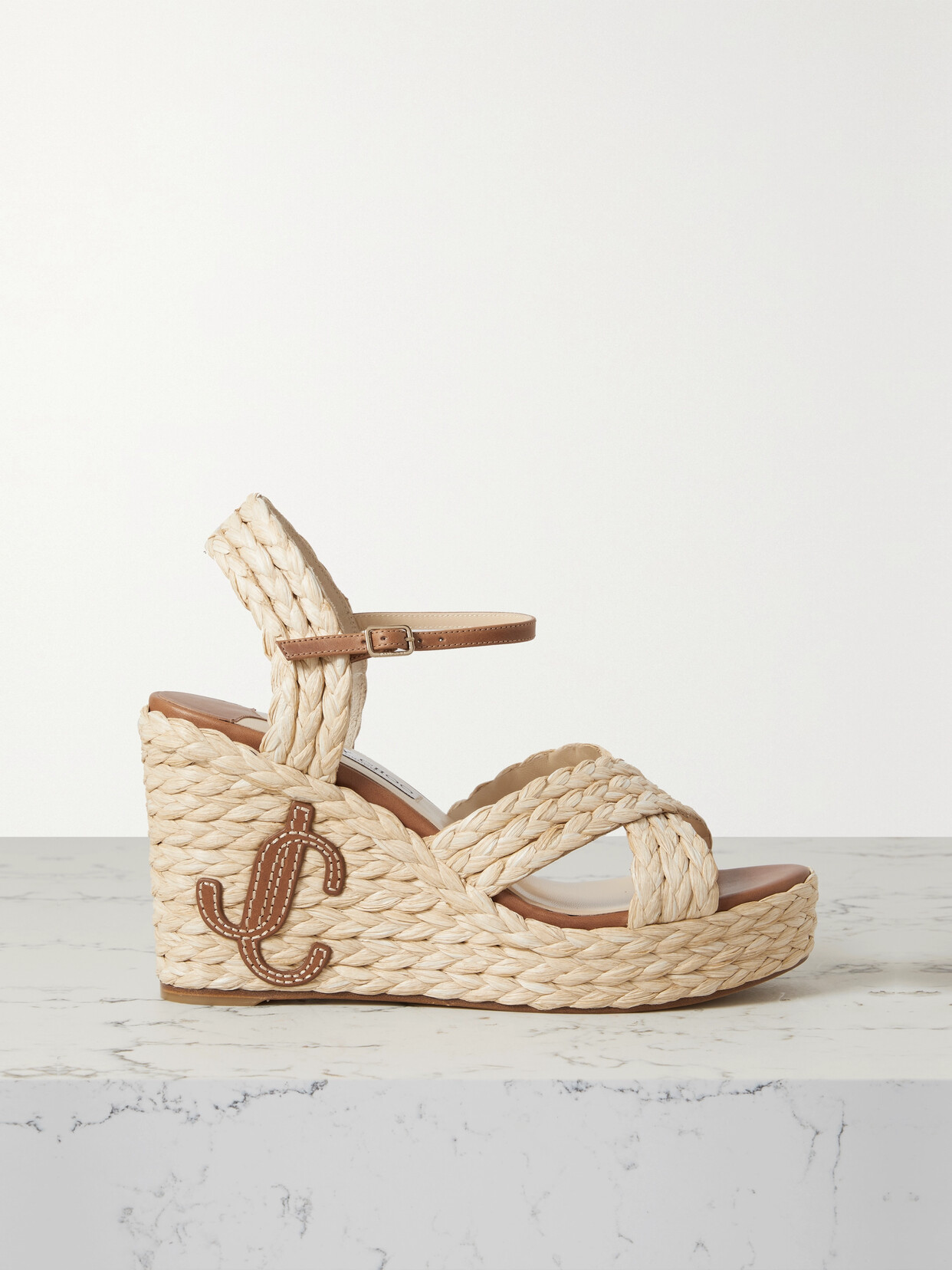 JIMMY CHOO DELLENA 100 LOGO-APPLIQUÉD LEATHER-TRIMMED WOVEN RAFFIA ESPADRILLE WEDGE SANDALS