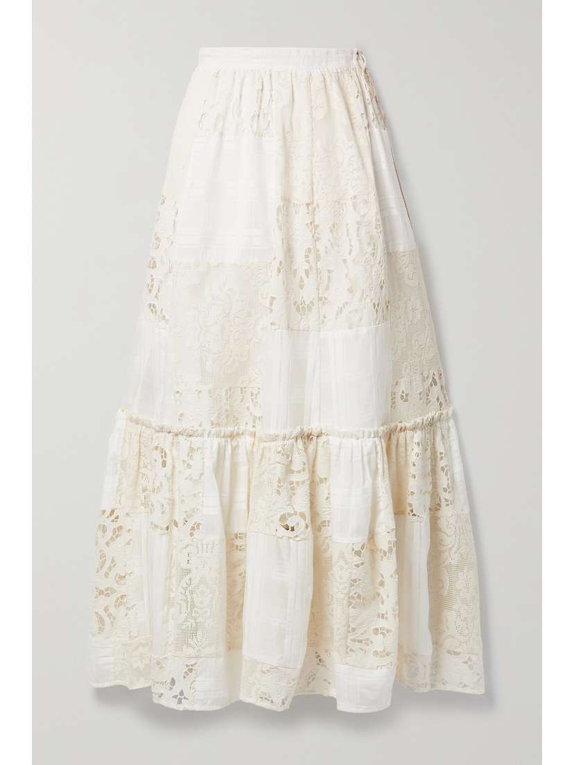 Zimmermann Andie Patchwork Cotton-blend Corded Lace And Jacquard Midi Skirt