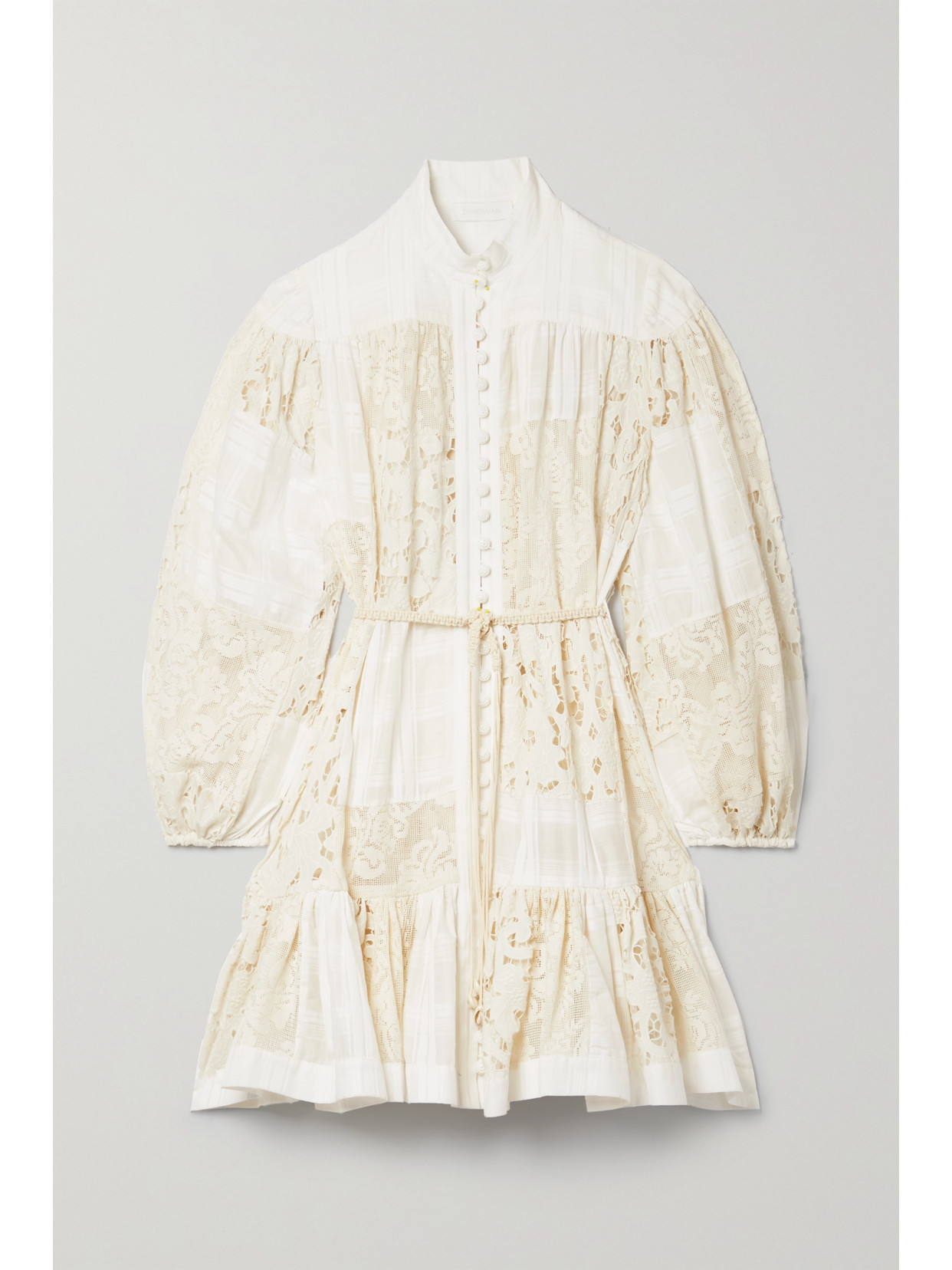 ZIMMERMANN ANDIE BELTED PATCHWORK COTTON-BLEND CORDED LACE AND JACQUARD MINI DRESS