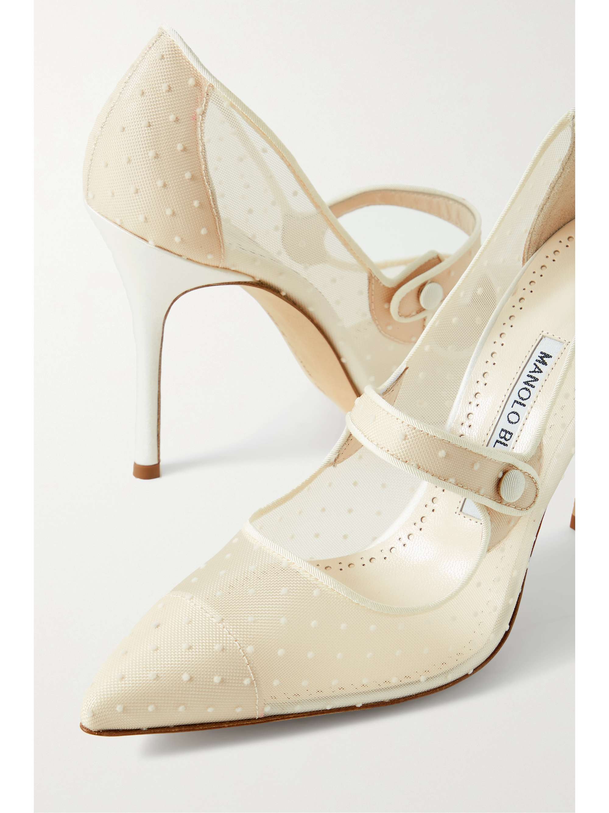 Campari 105 grosgrain and leather-trimmed point d’esprit mesh Mary Jane pumps