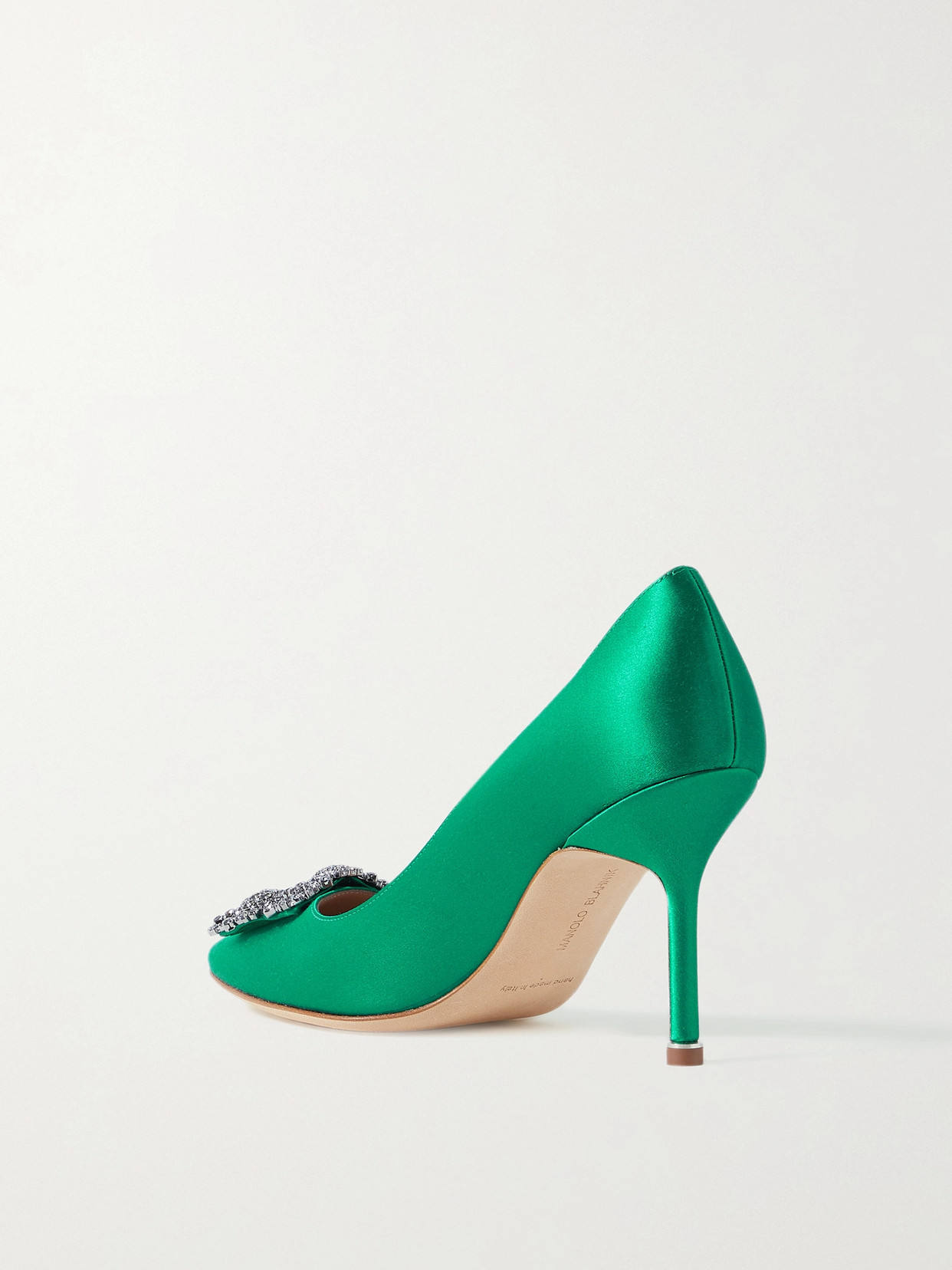 Shop Manolo Blahnik Hangisi 90 Embellished Satin Pumps In Green