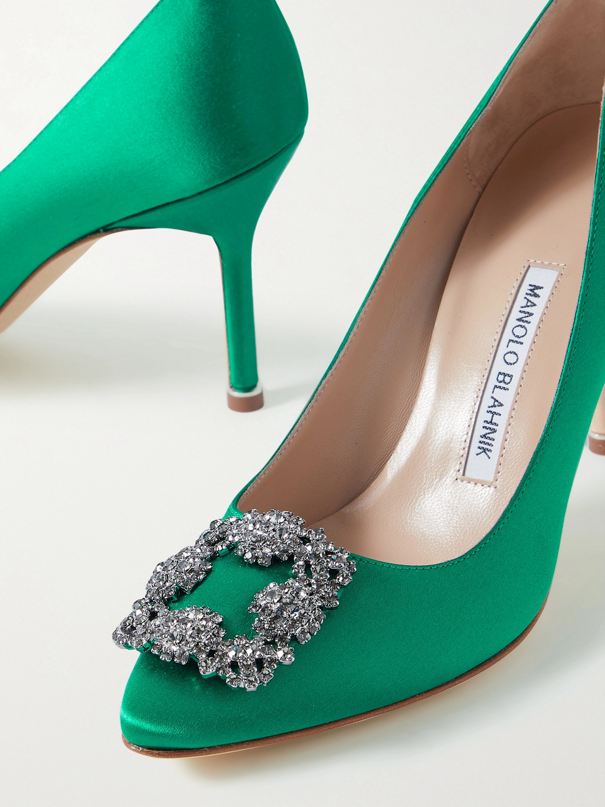 Shop Manolo Blahnik Hangisi 90 Embellished Satin Pumps In Green