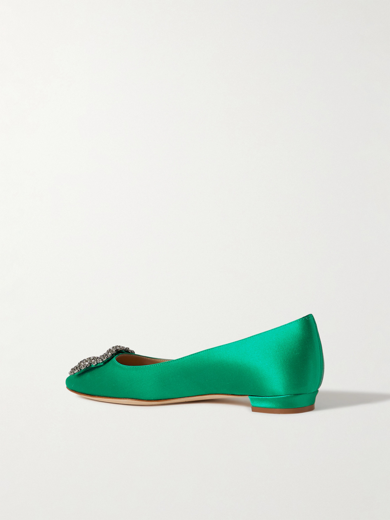 Shop Manolo Blahnik Hangisi Embellished Satin Point-toe Flats In Green