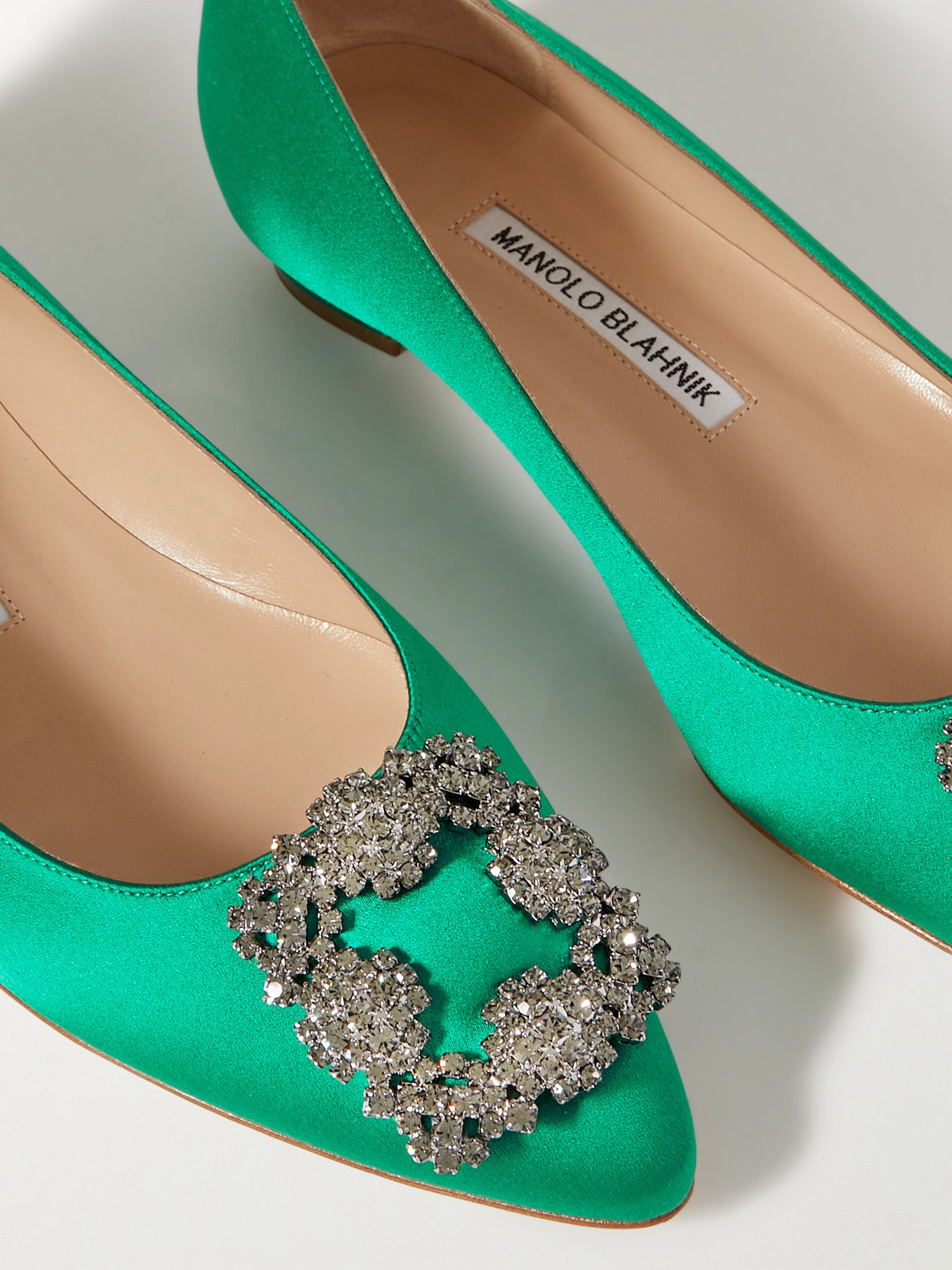 Shop Manolo Blahnik Hangisi Embellished Satin Point-toe Flats In Green