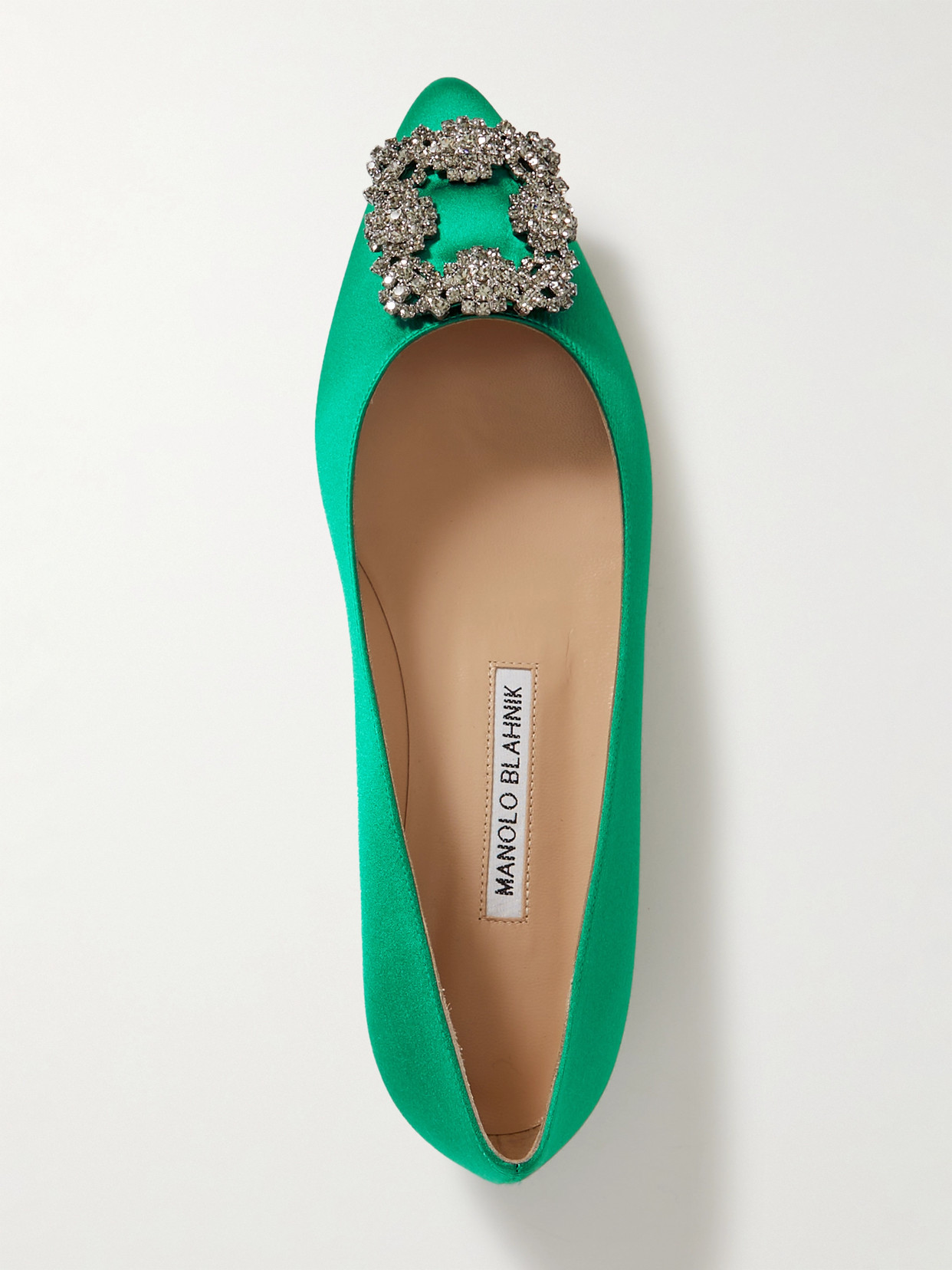 Shop Manolo Blahnik Hangisi Embellished Satin Point-toe Flats In Green