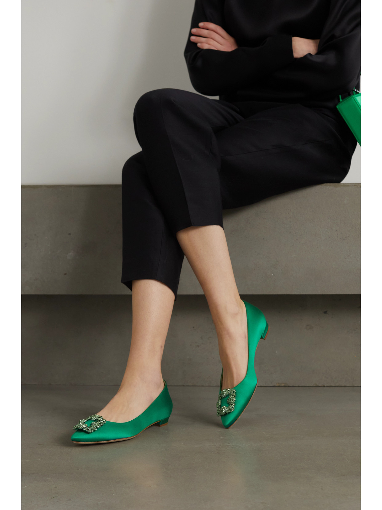 Shop Manolo Blahnik Hangisi Embellished Satin Point-toe Flats In Green