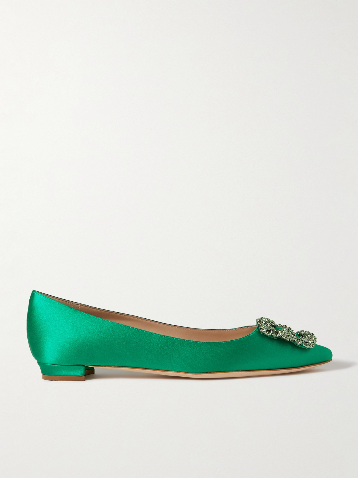 Shop Manolo Blahnik Hangisi Embellished Satin Point-toe Flats In Green