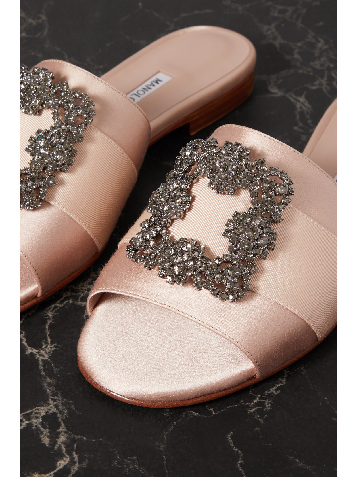 MANOLO BLAHNIK MARTAMOD EMBELLISHED GROSGRAIN-TRIMMED SATIN SLIDES 