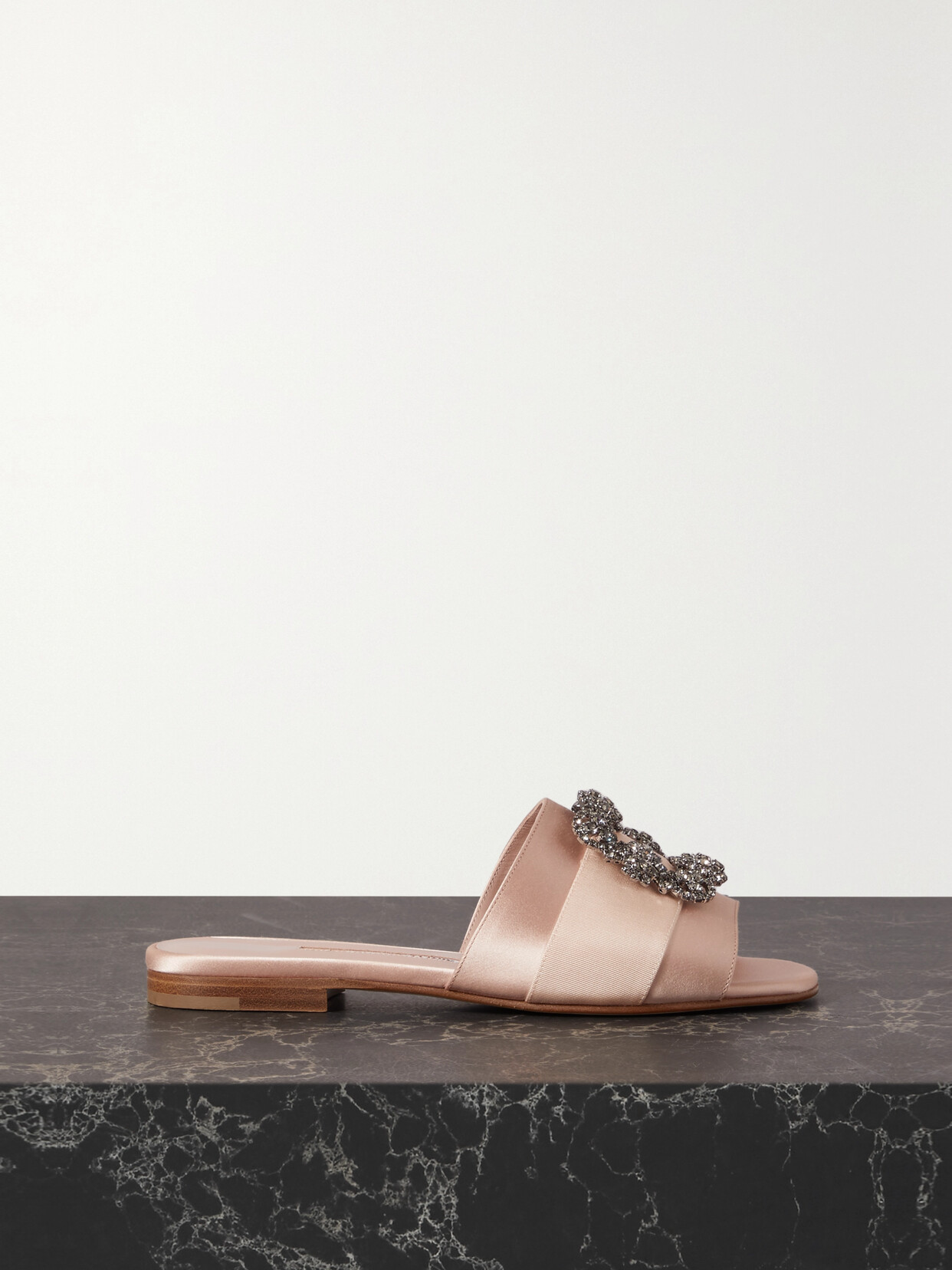 Shop Manolo Blahnik Martamod Embellished Grosgrain-trimmed Satin Slides In Neutrals