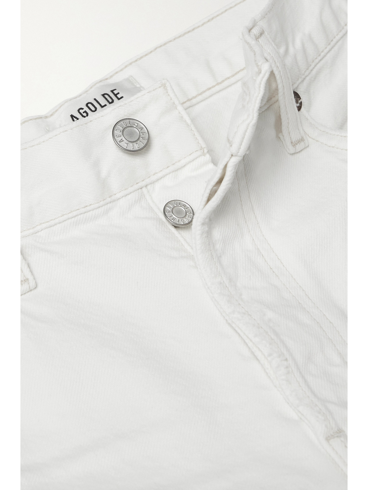 Shop Agolde Parker Long Distressed Denim Shorts In White