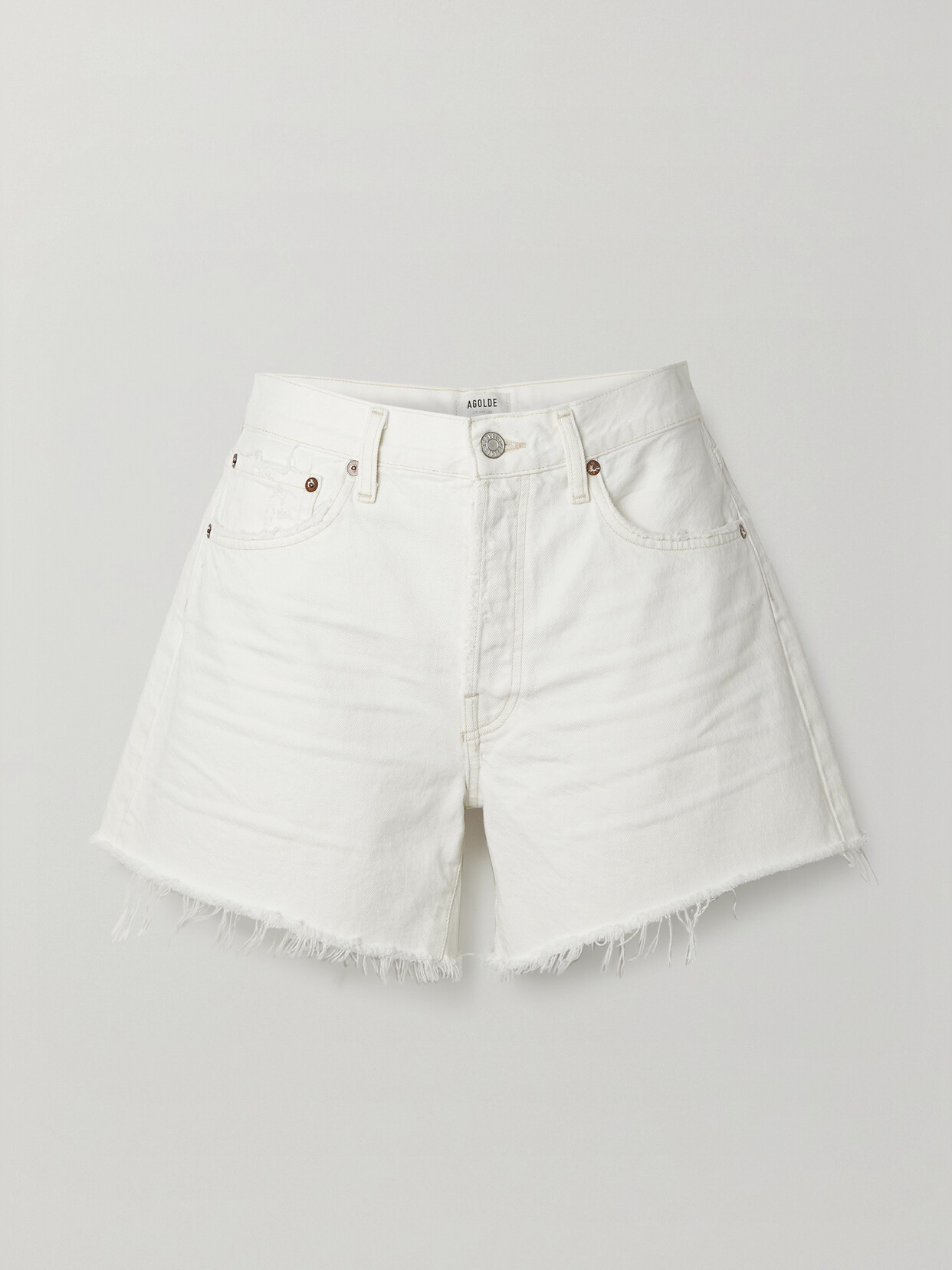 Shop Agolde Parker Long Distressed Denim Shorts In White