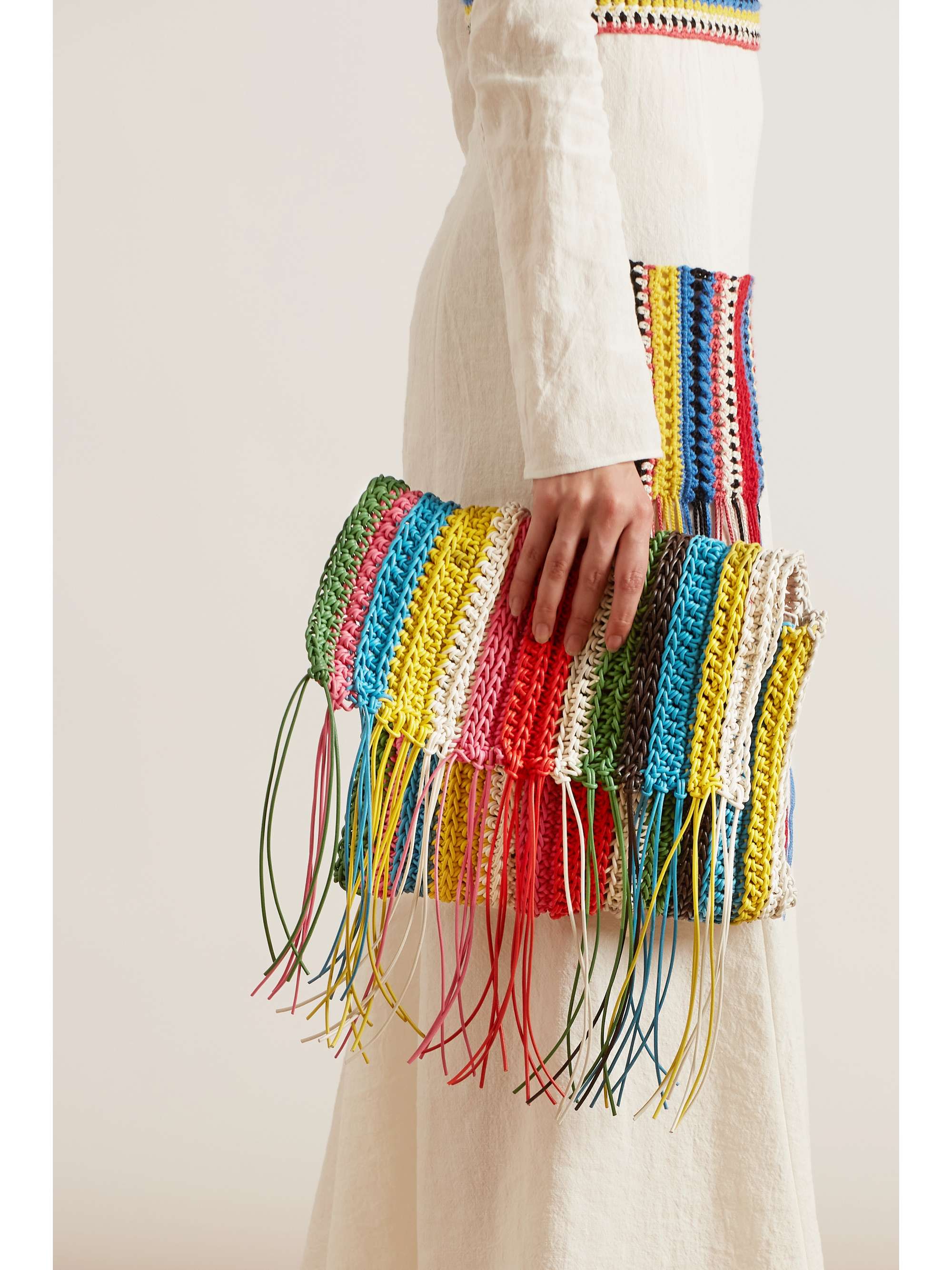 CHLOÉ Pochette en cuir macramé à rayures et à franges