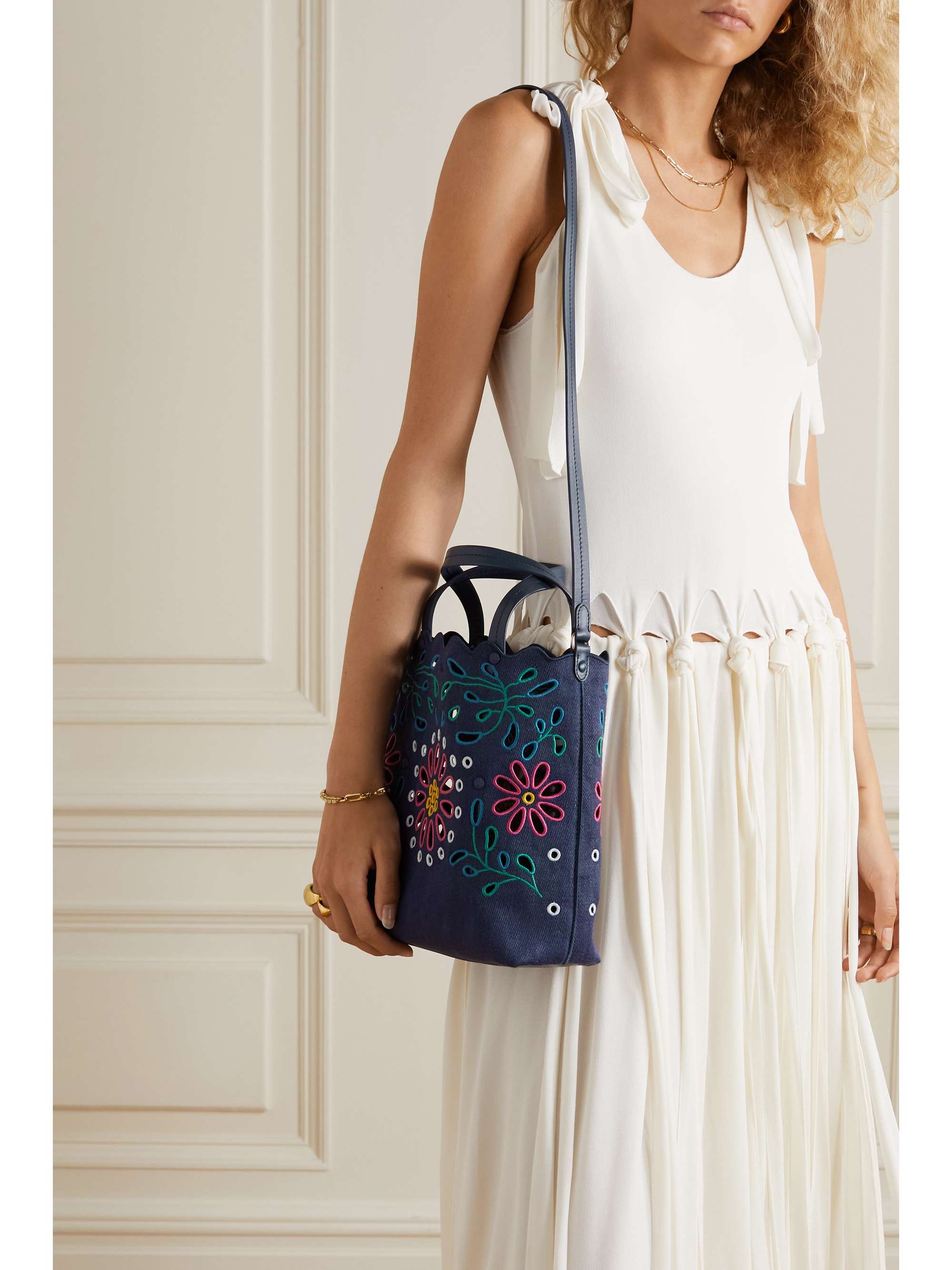 CHLOÉ Kamilla leathertrimmed broderie anglaise linen tote NETAPORTER