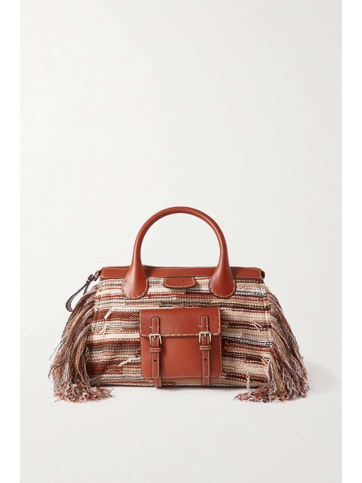 CHLOÉ EDITH MEDIUM STRIPED RECYCLED CASHMERE AND WOOL-BLEND AND LEATHER TOTE