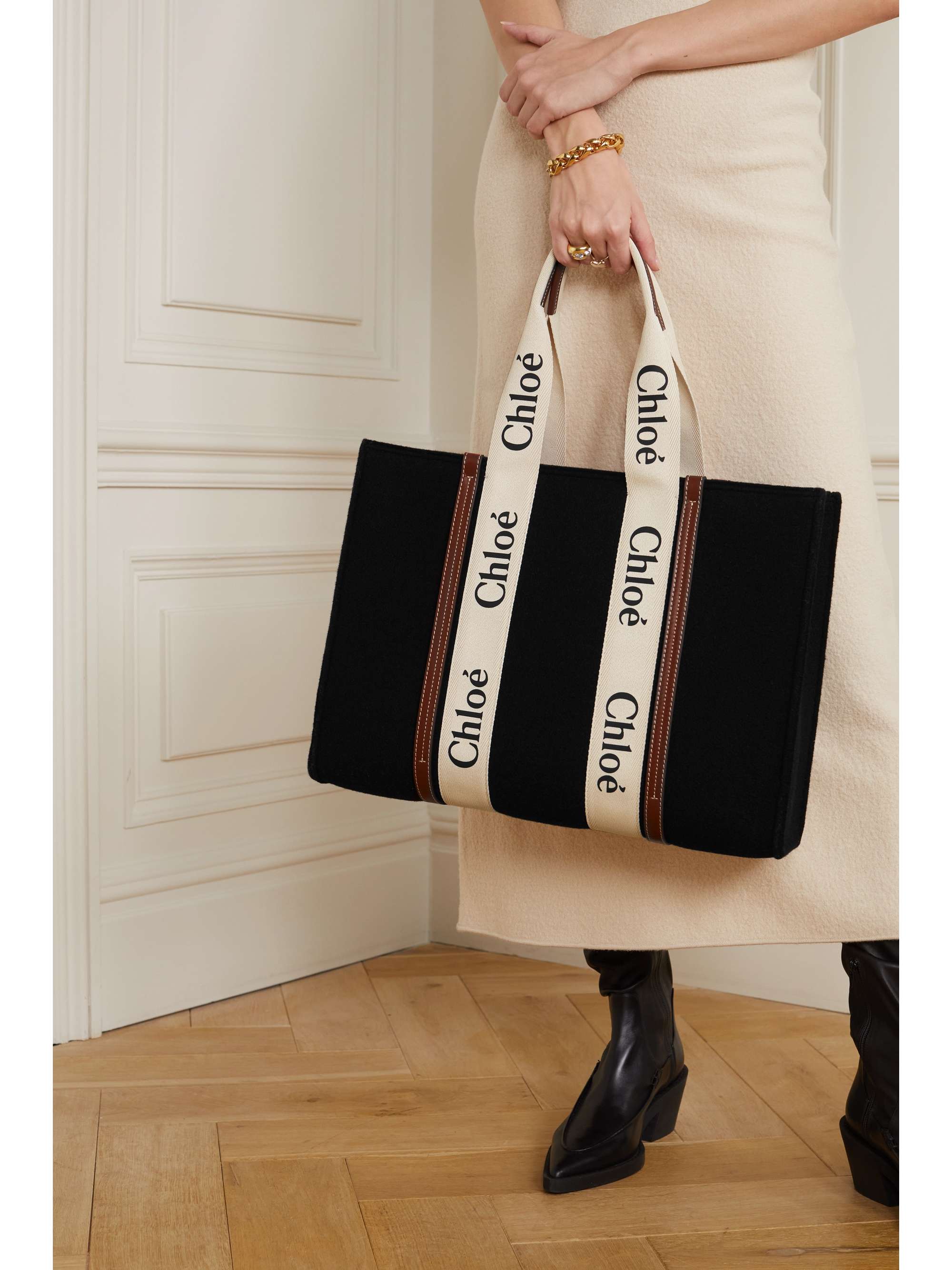 CHLOÉ Woody large leather-trimmed cotton-canvas tote