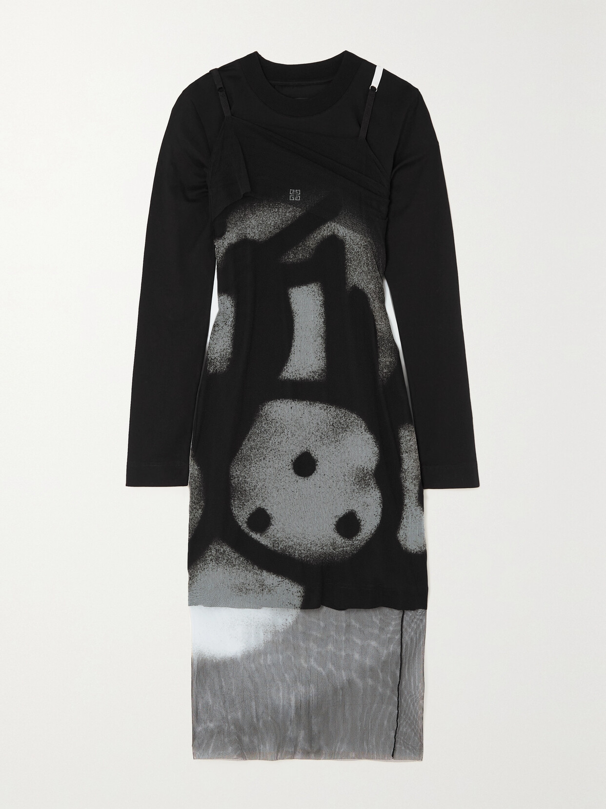 Givenchy Layered Printed Tulle And Cotton-jersey Midi Dress In Black