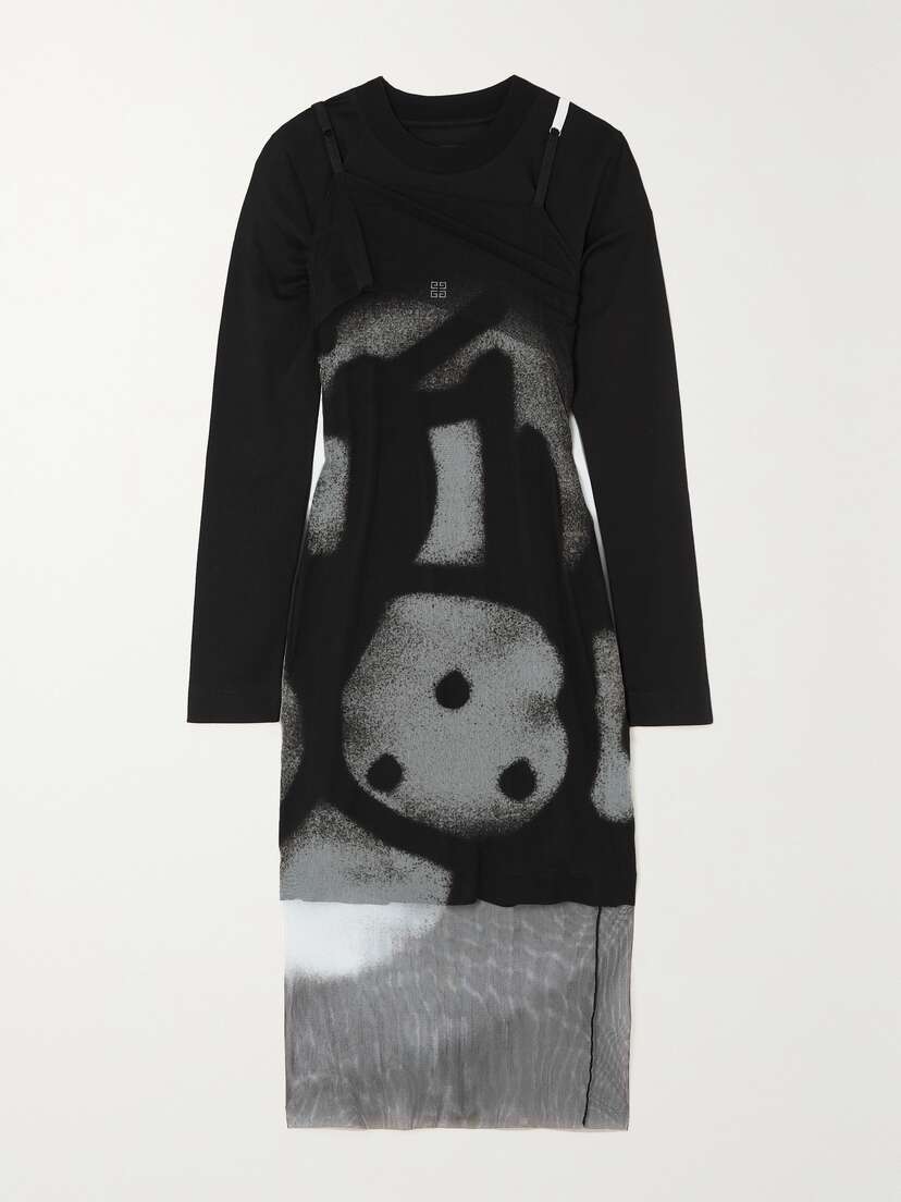 Givenchy Layered Printed Tulle And Cotton-jersey Midi Dress