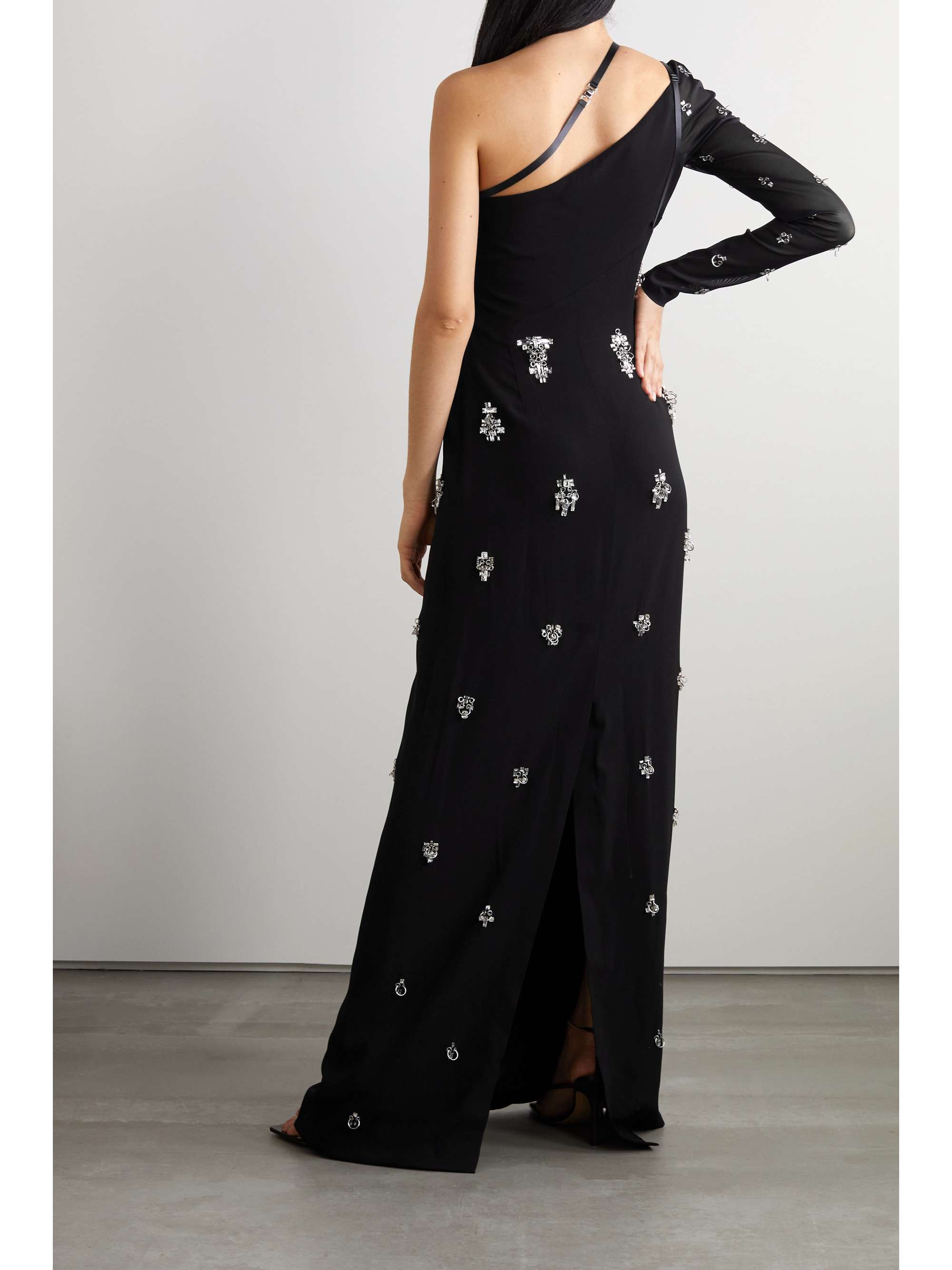 Black One-sleeve embellished stretch-tulle and satin-trimmed crepe 