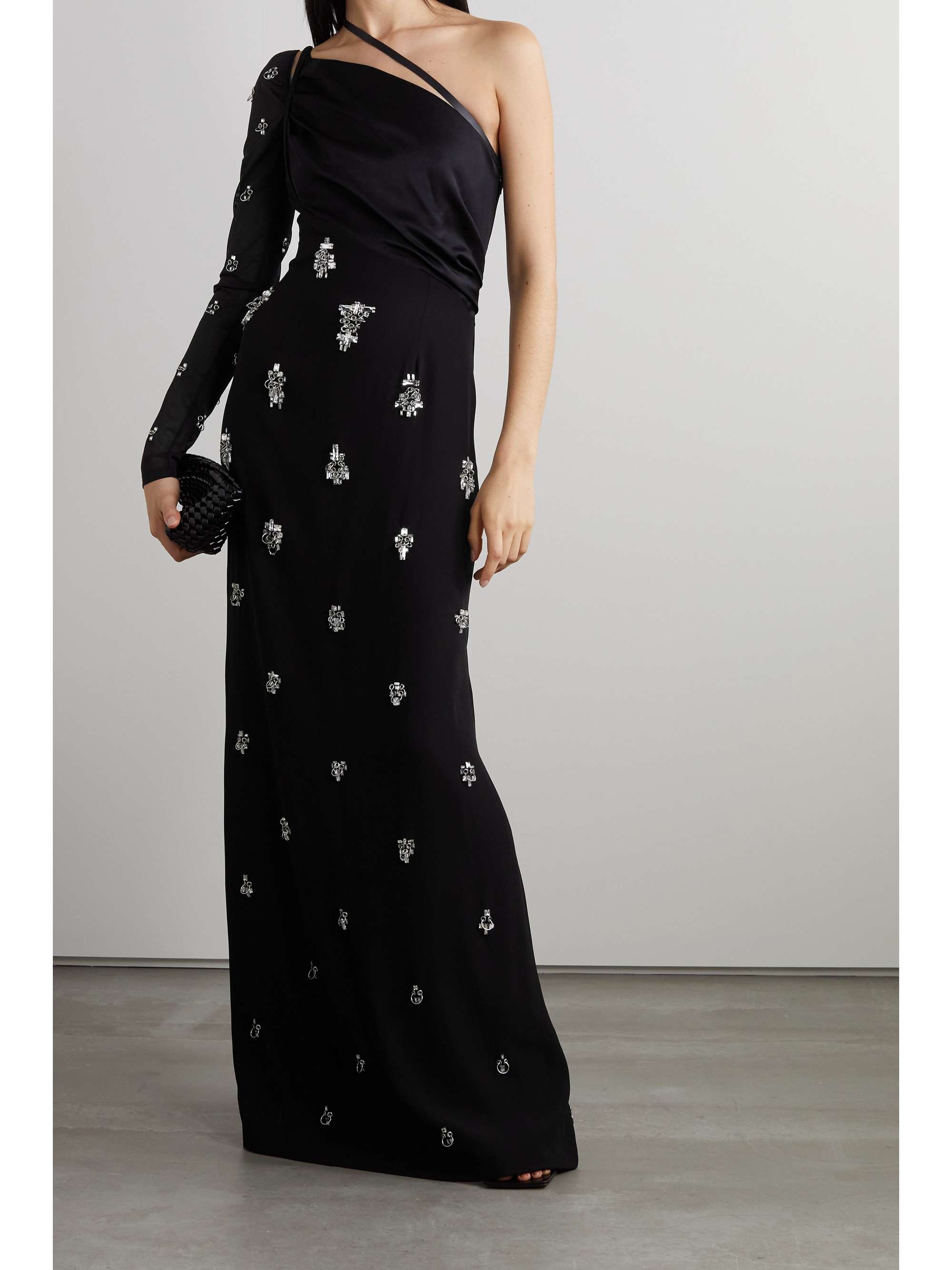 Black One-sleeve embellished stretch-tulle and satin-trimmed crepe 