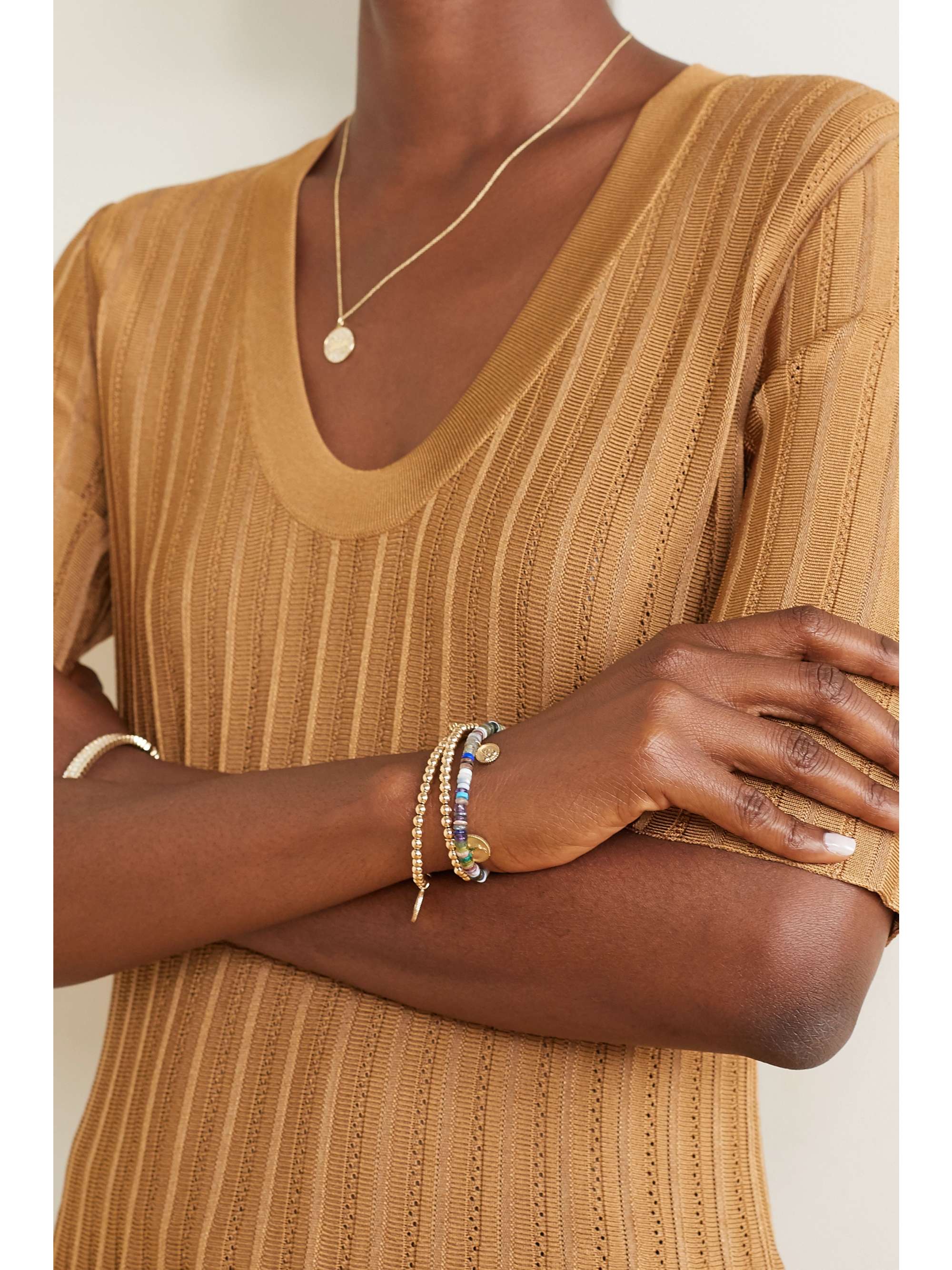 SYDNEY EVAN Tiny Monstera Leaf 14-karat gold multi-stone bracelet
