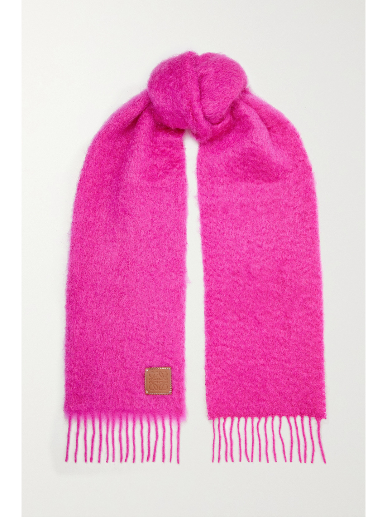 Loewe Leather-trimmed Fringed Mohair-blend Scarf In Pink