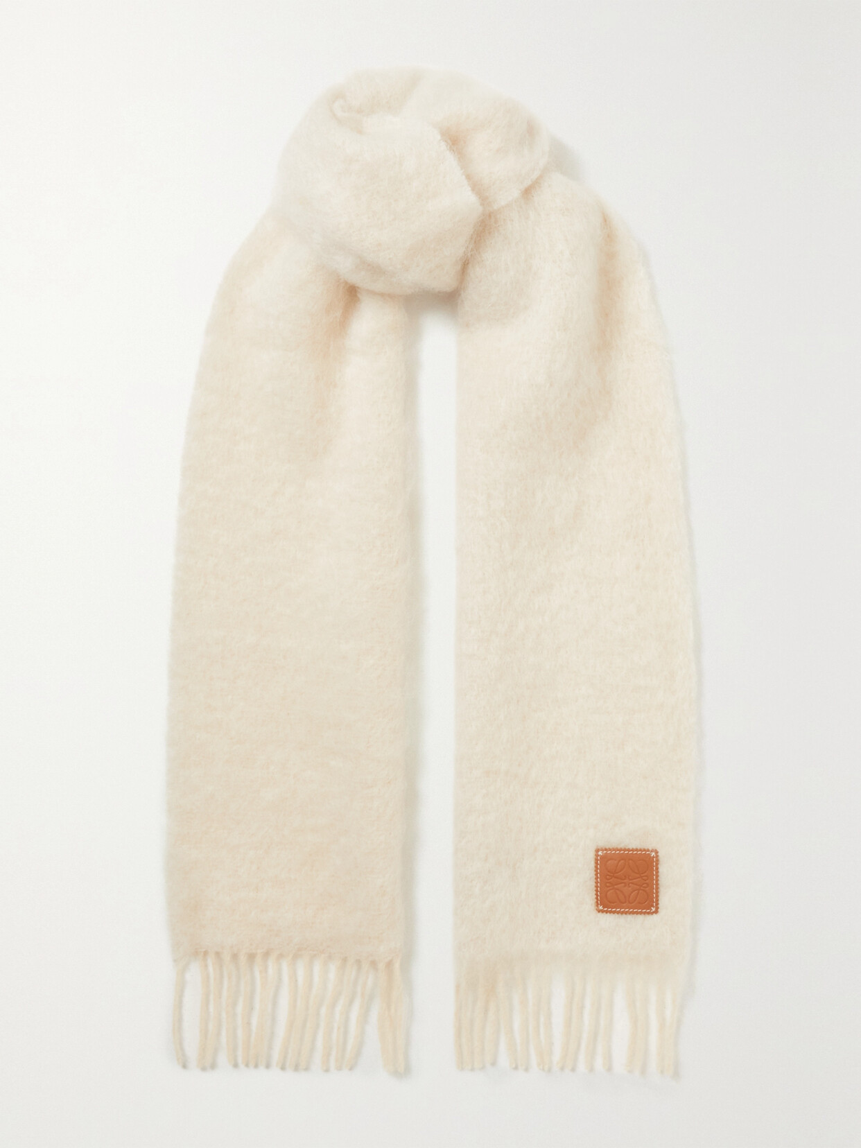 Loewe Leather-trimmed Fringed Mohair-blend Scarf In White