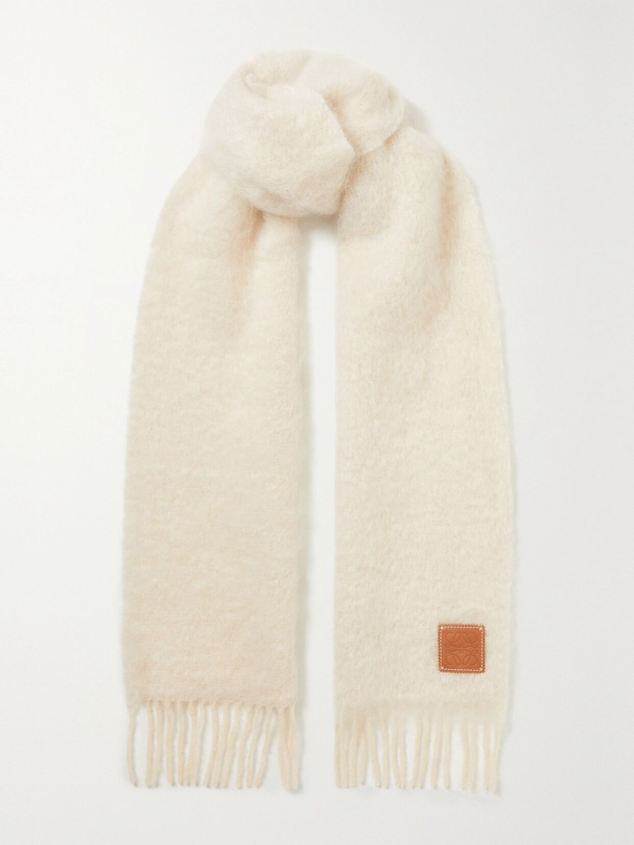 leather trimmed fringed mohair blend scarf