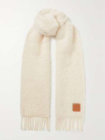 로에베 LOEWE Leather-trimmed fringed mohair-blend scarf,White