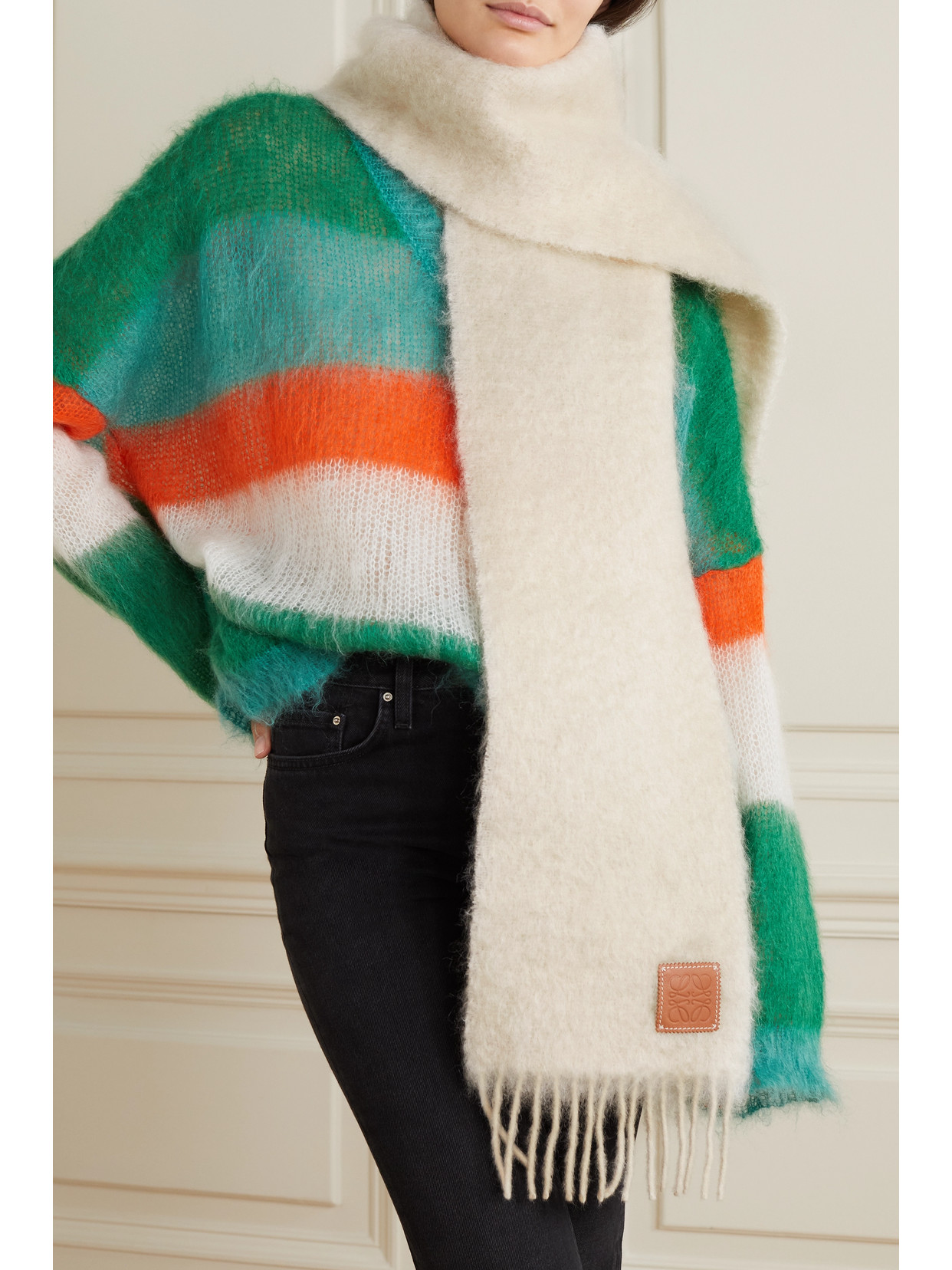 Shop Loewe Leather-trimmed Fringed Mohair-blend Scarf In White