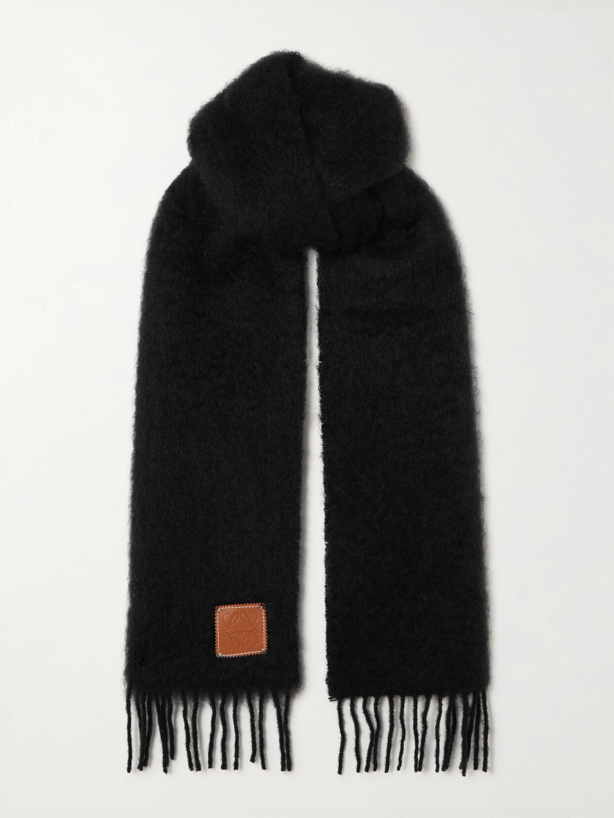 Shop Loewe Fringed Leather-trimmed Mohair-blend Scarf In Black