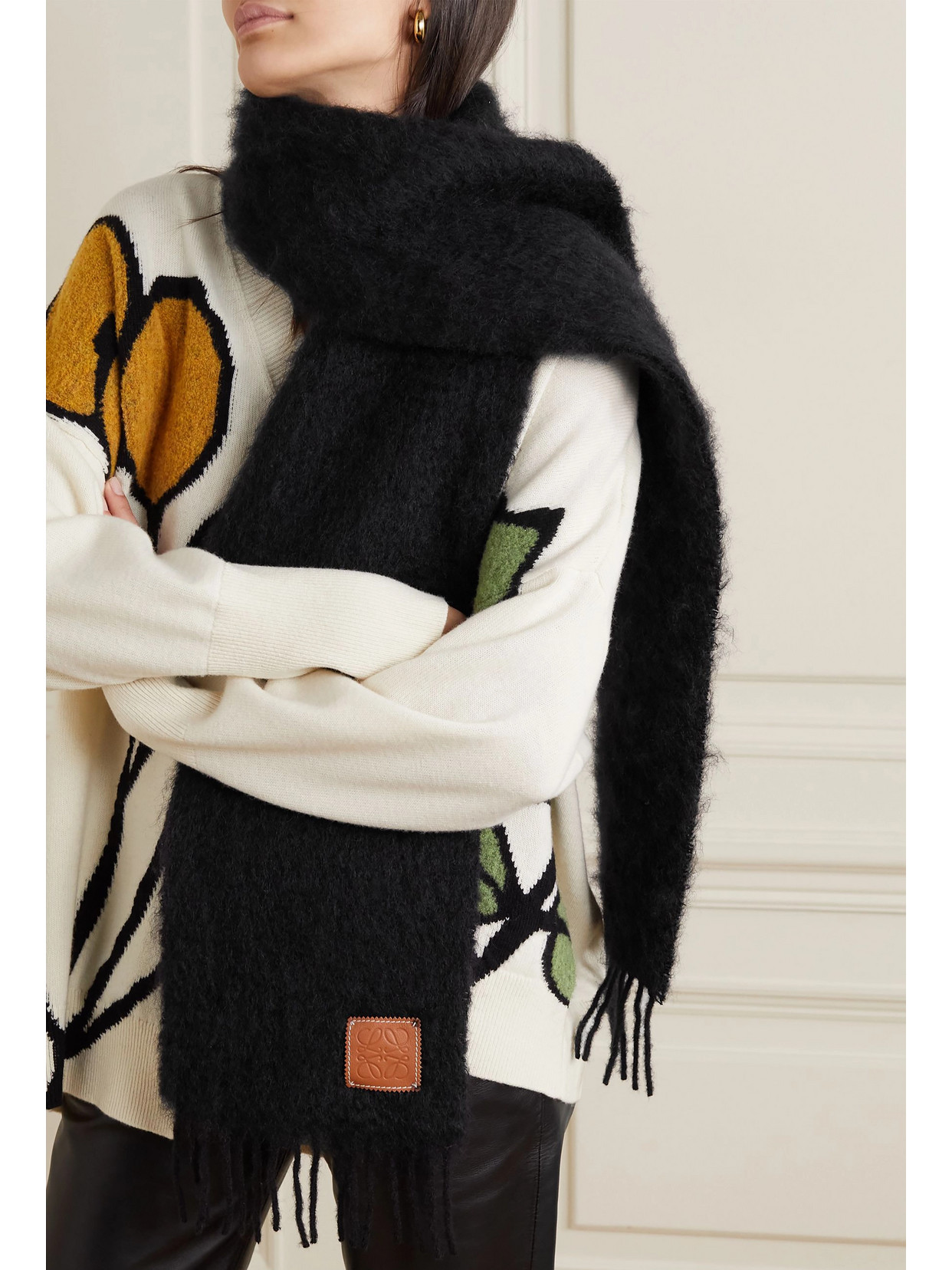 Loewe Fringed Leather-trimmed Mohair-blend Scarf In Black