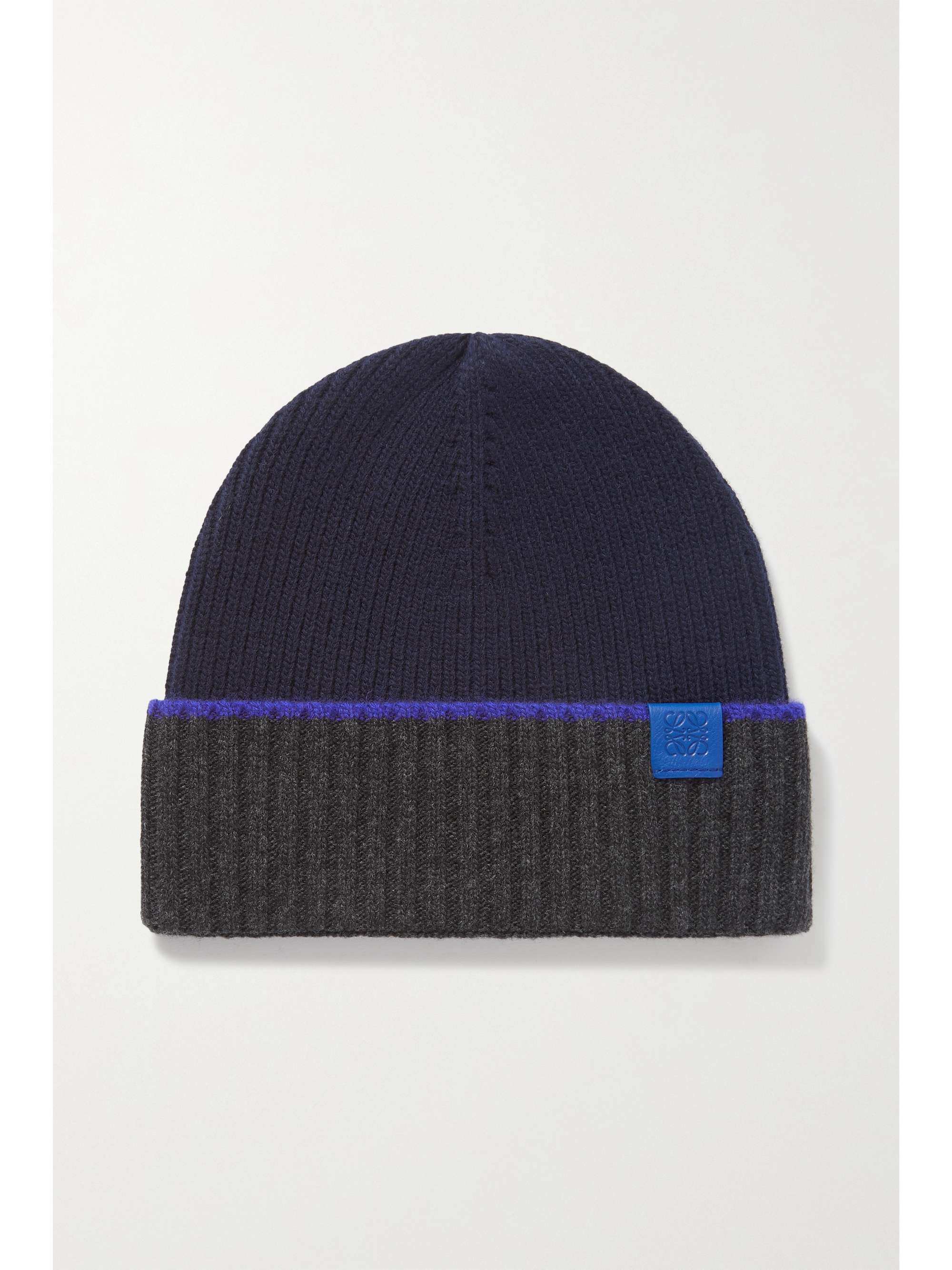 Navy Leather-trimmed ribbed wool beanie 