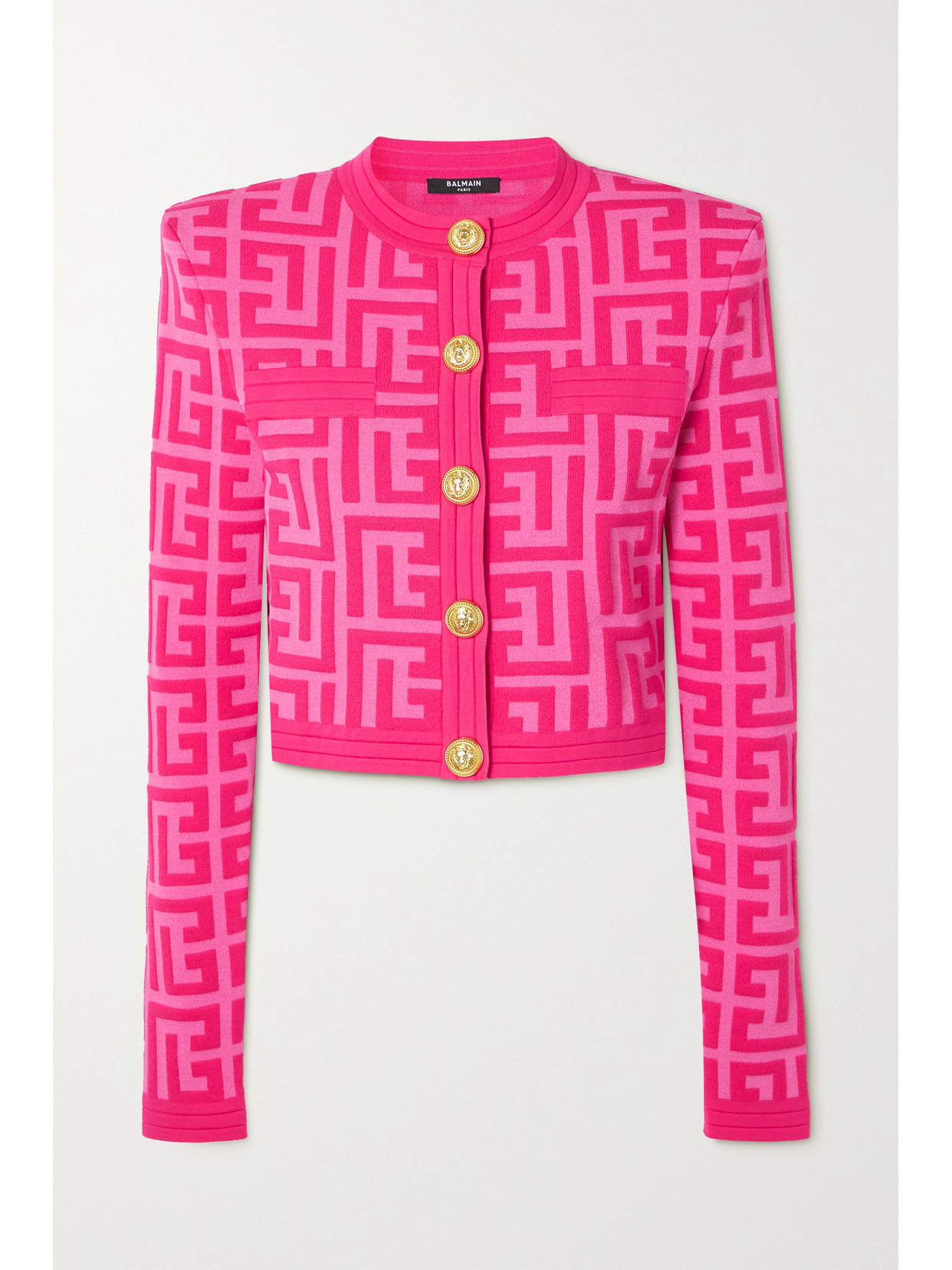 BALMAIN + BARBIE CROPPED JACQUARD-KNIT WOOL-BLEND CARDIGAN