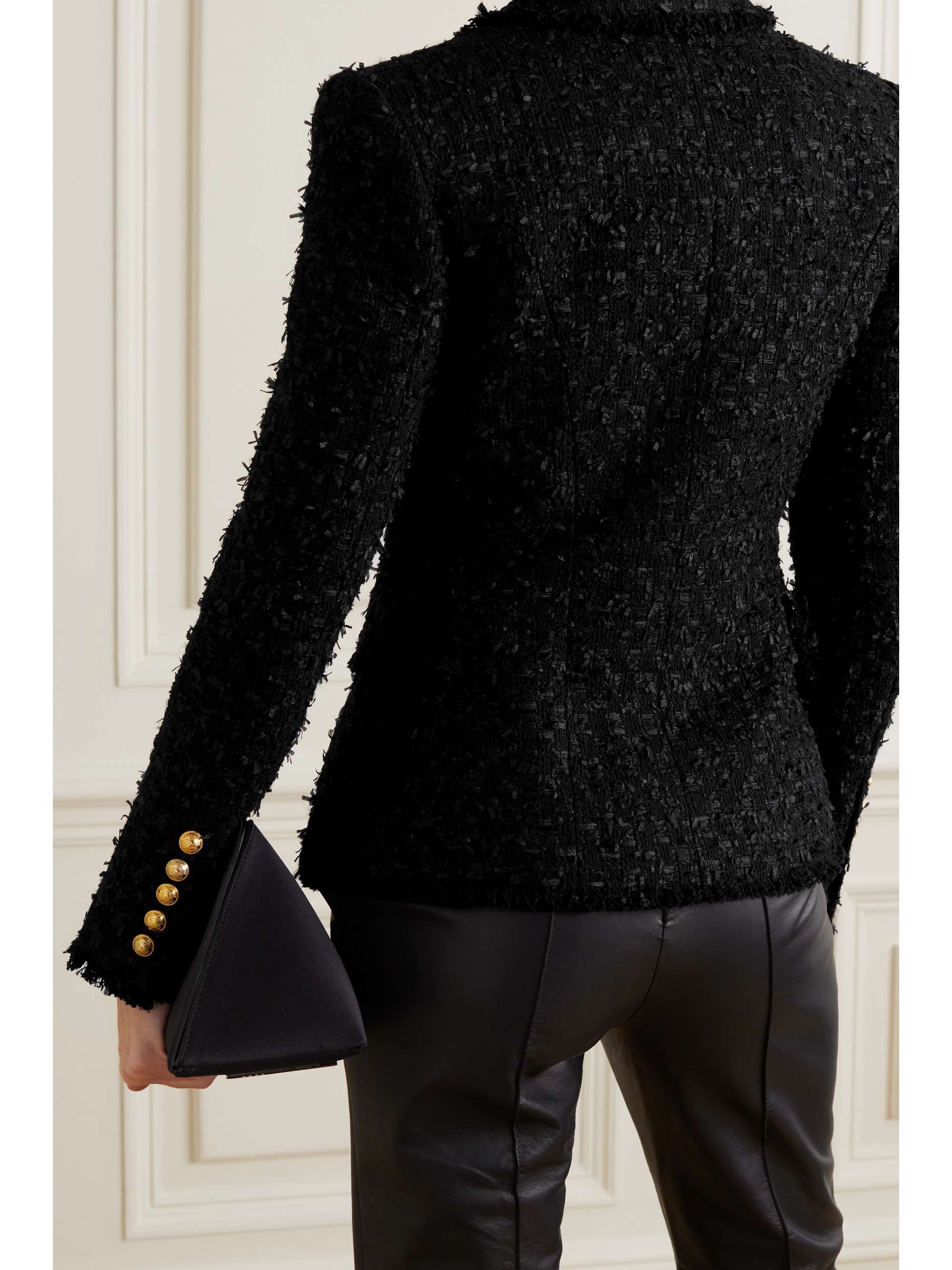 Black Fringed cotton-blend bouclé-tweed 